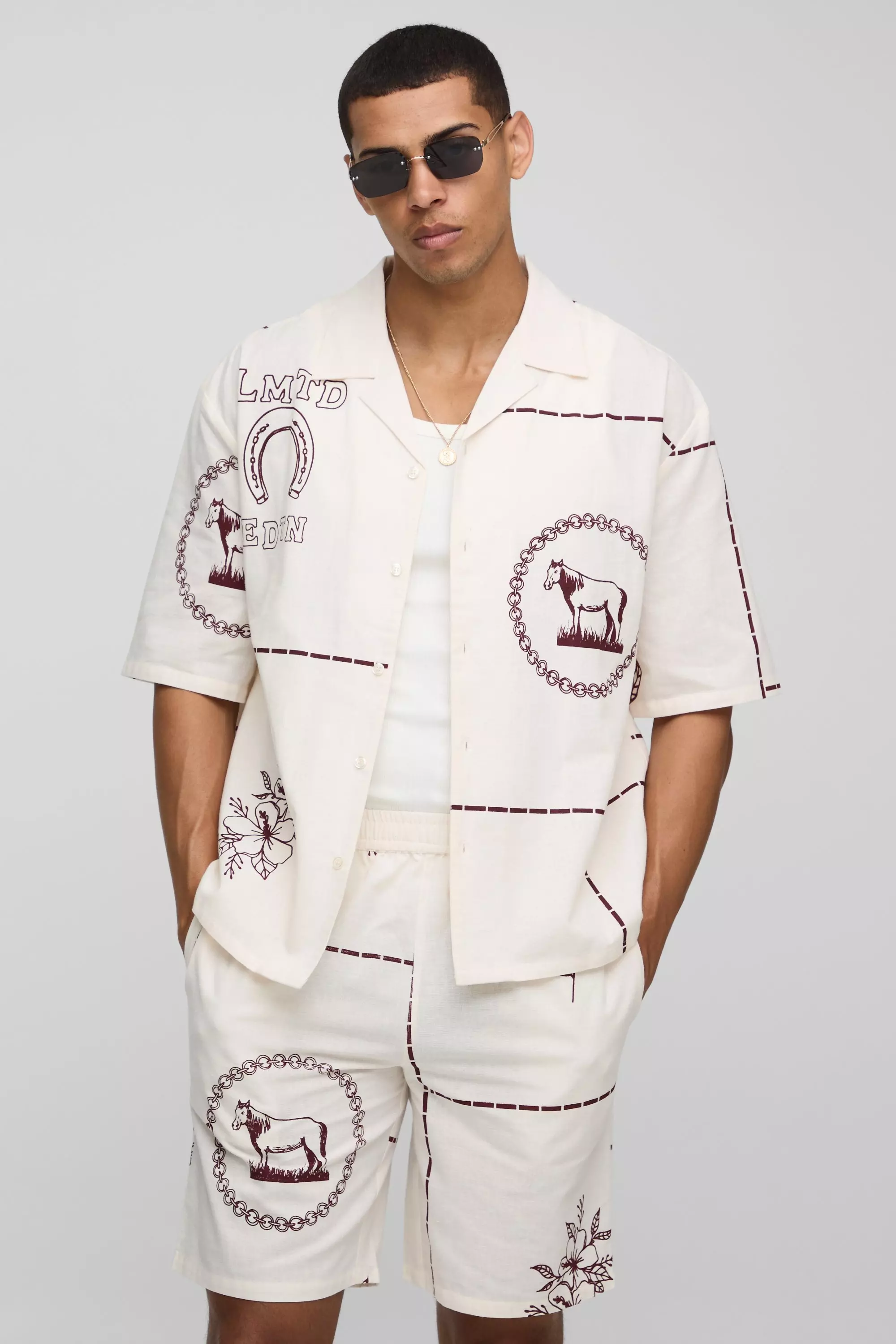 Oversized Western Print Revere Shirt and Shorts Set | boohooMAN USA