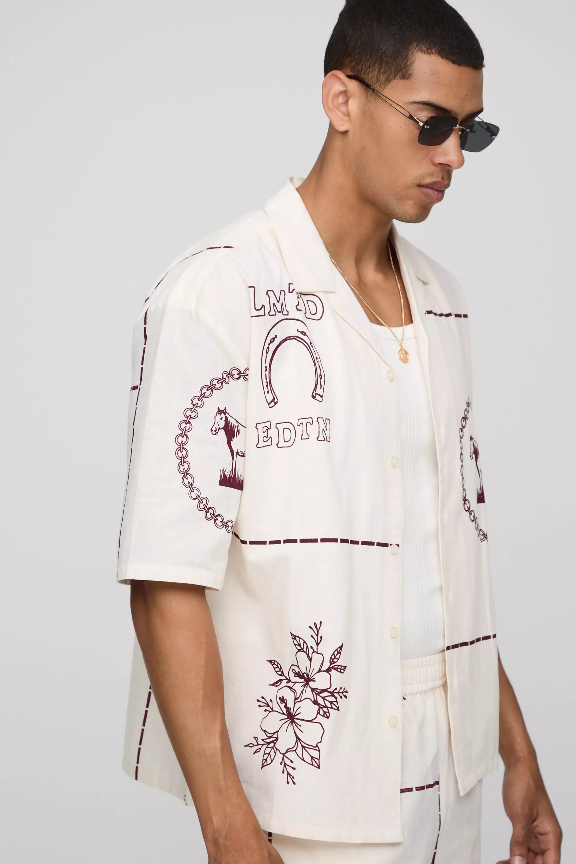 Oversized Western Print Revere Shirt and Shorts Set | boohooMAN USA