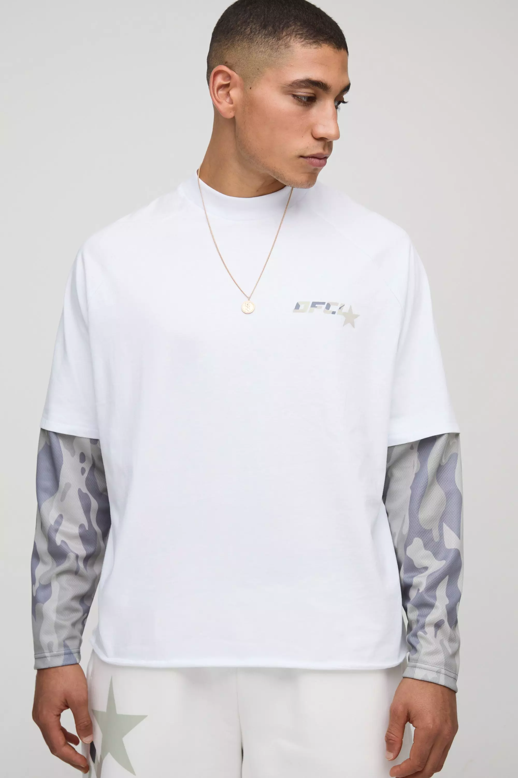 Oversized Boxy Ofcl Camo Faux Layer Long Sleeve T-Shirt Ecru