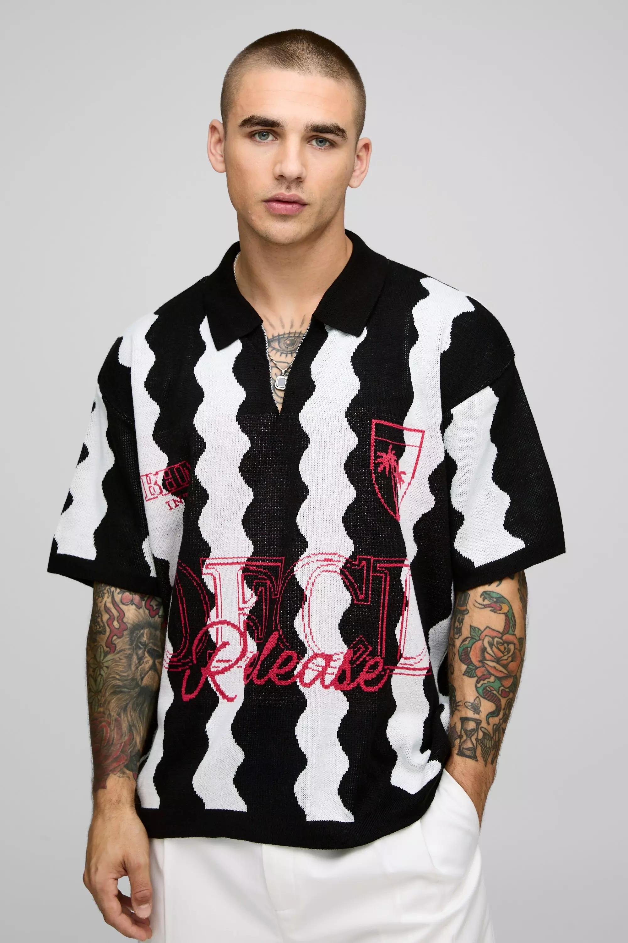 Oversized V Neck Jacquard Knitted Polo | boohooMAN USA
