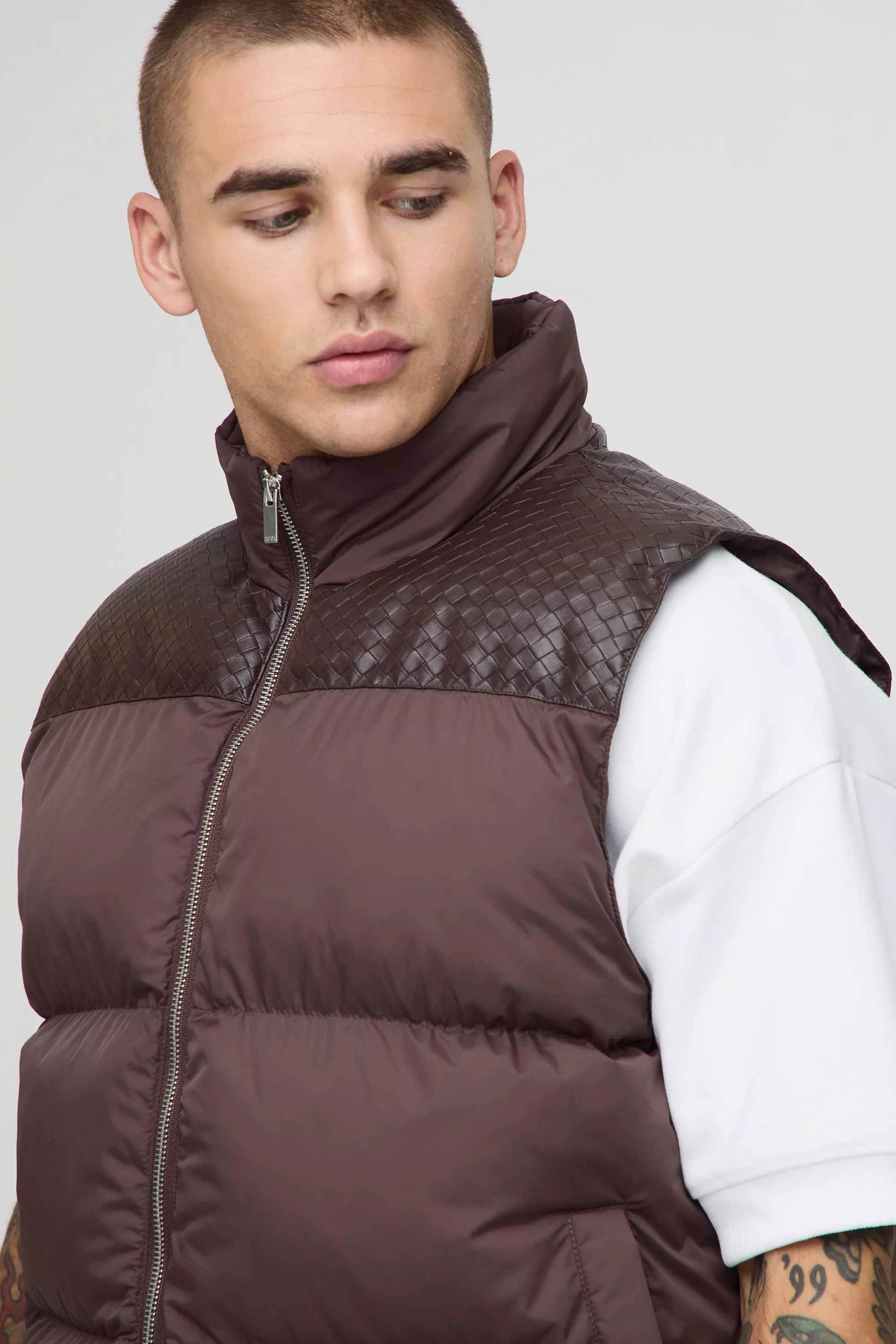Regular Fit PU Yoke Nylon Panel Gilet | boohooMAN UK