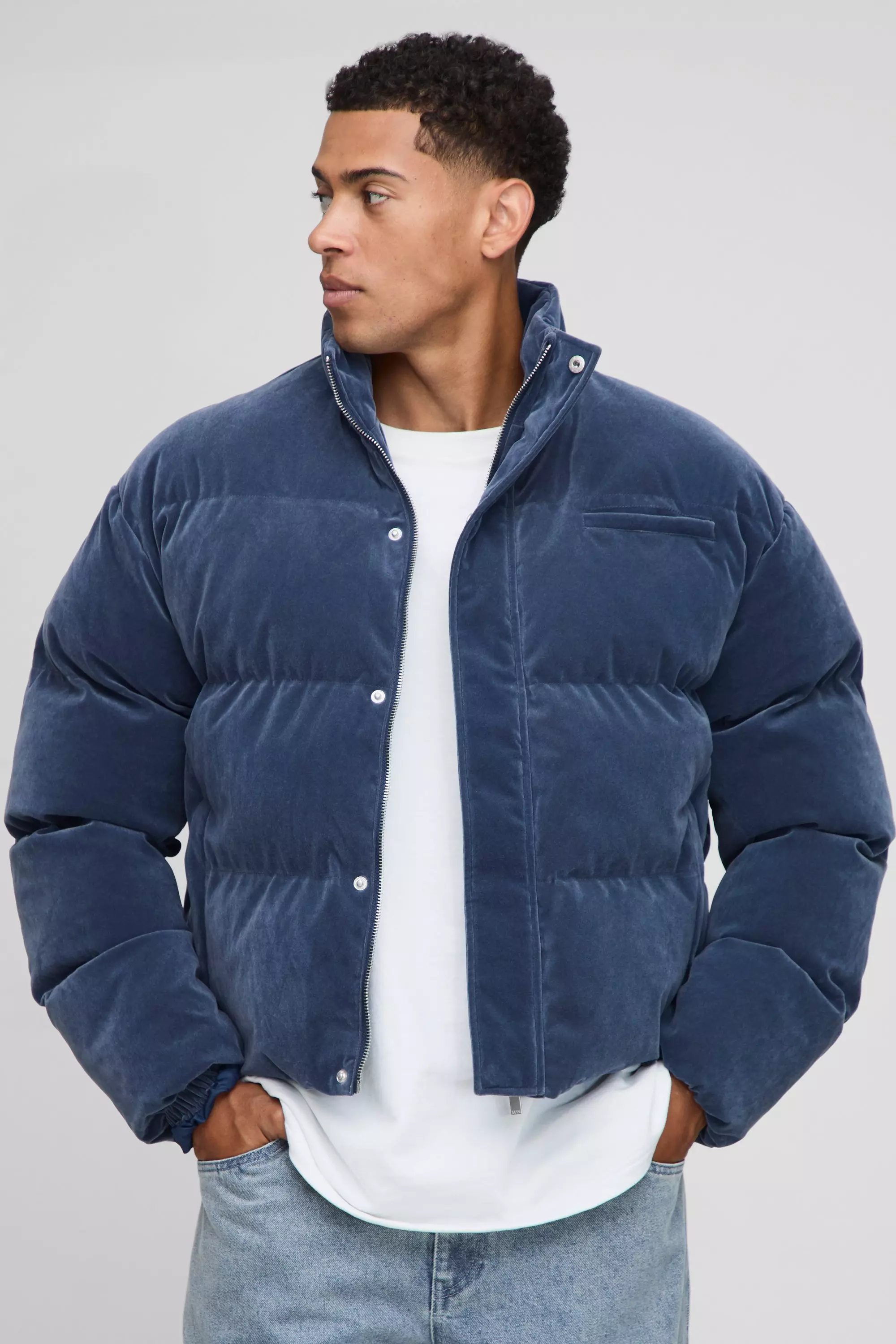 Boxy Fit Velour Funnel Neck Puffer Jacket | boohooMAN USA