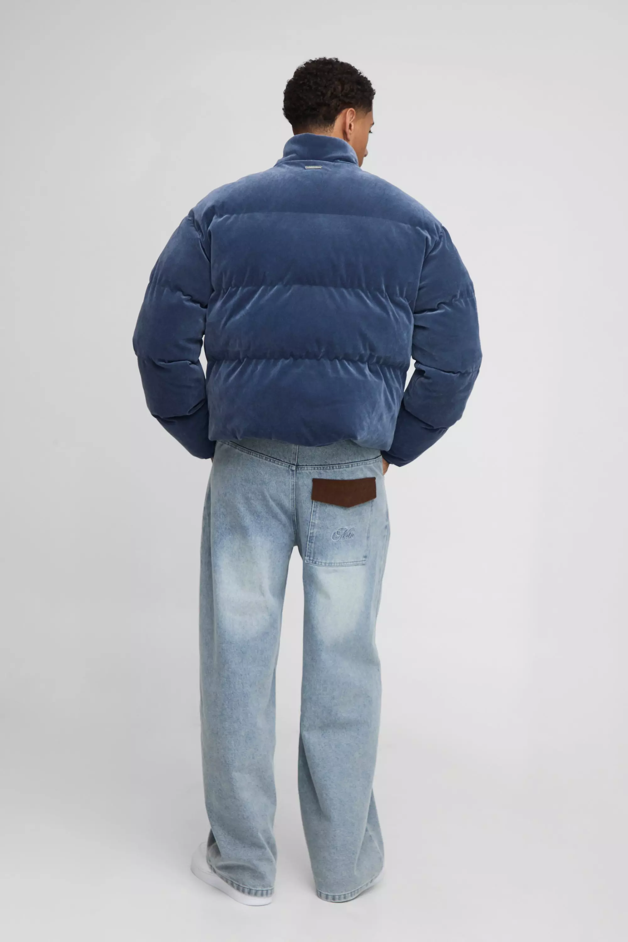 Boxy Fit Velour Funnel Neck Puffer Jacket | boohooMAN USA