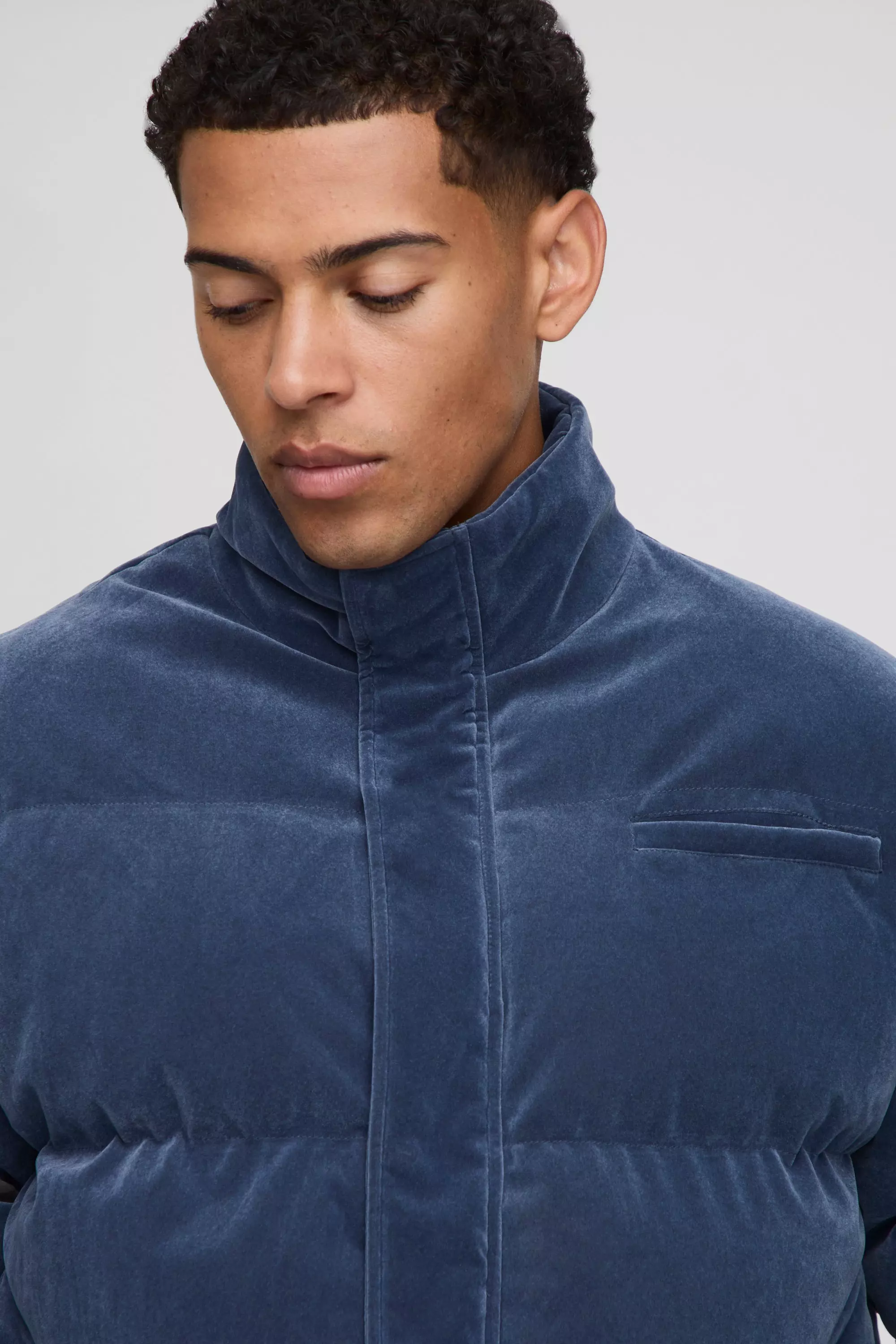 Boxy Fit Velour Funnel Neck Puffer Jacket | boohooMAN USA