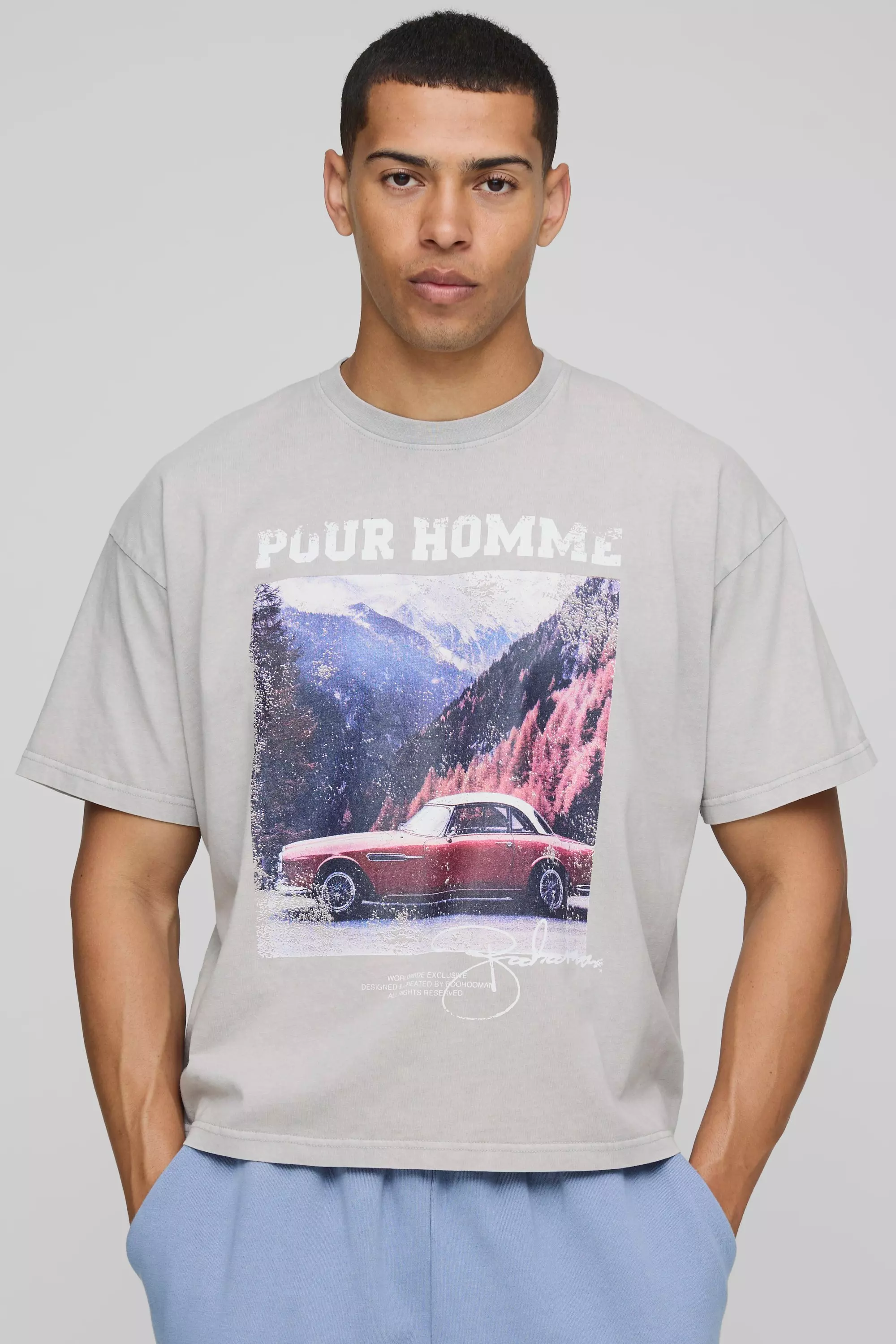 Oversized Boxy Washed Distressed Vintage Car Graphic T-Shirt Grey
