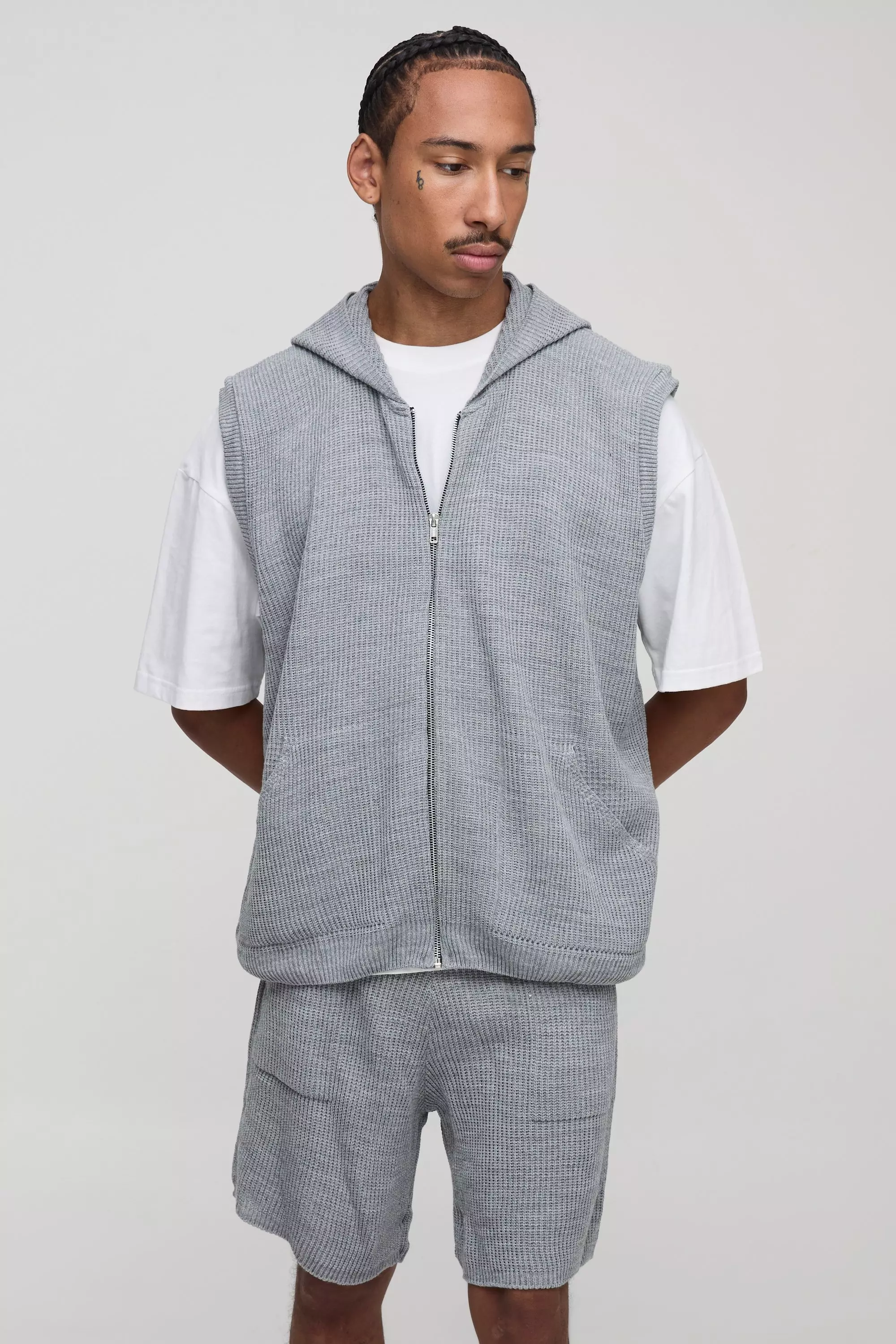 Oversized Fit Ribbed Knitted Zip Through Hoodie and Shorts Set | boohooMAN USA