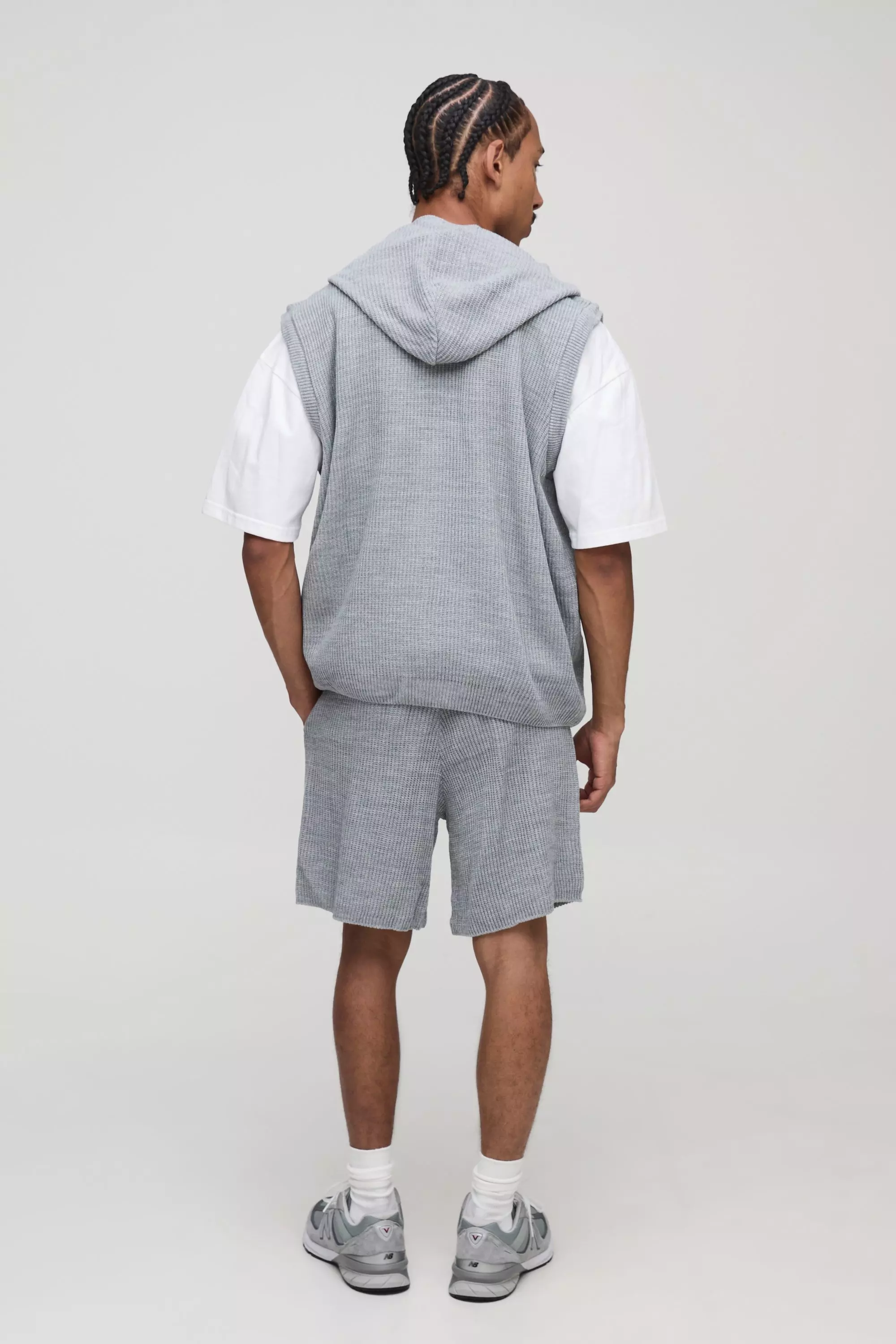 Oversized Fit Ribbed Knitted Zip Through Hoodie and Shorts Set | boohooMAN USA