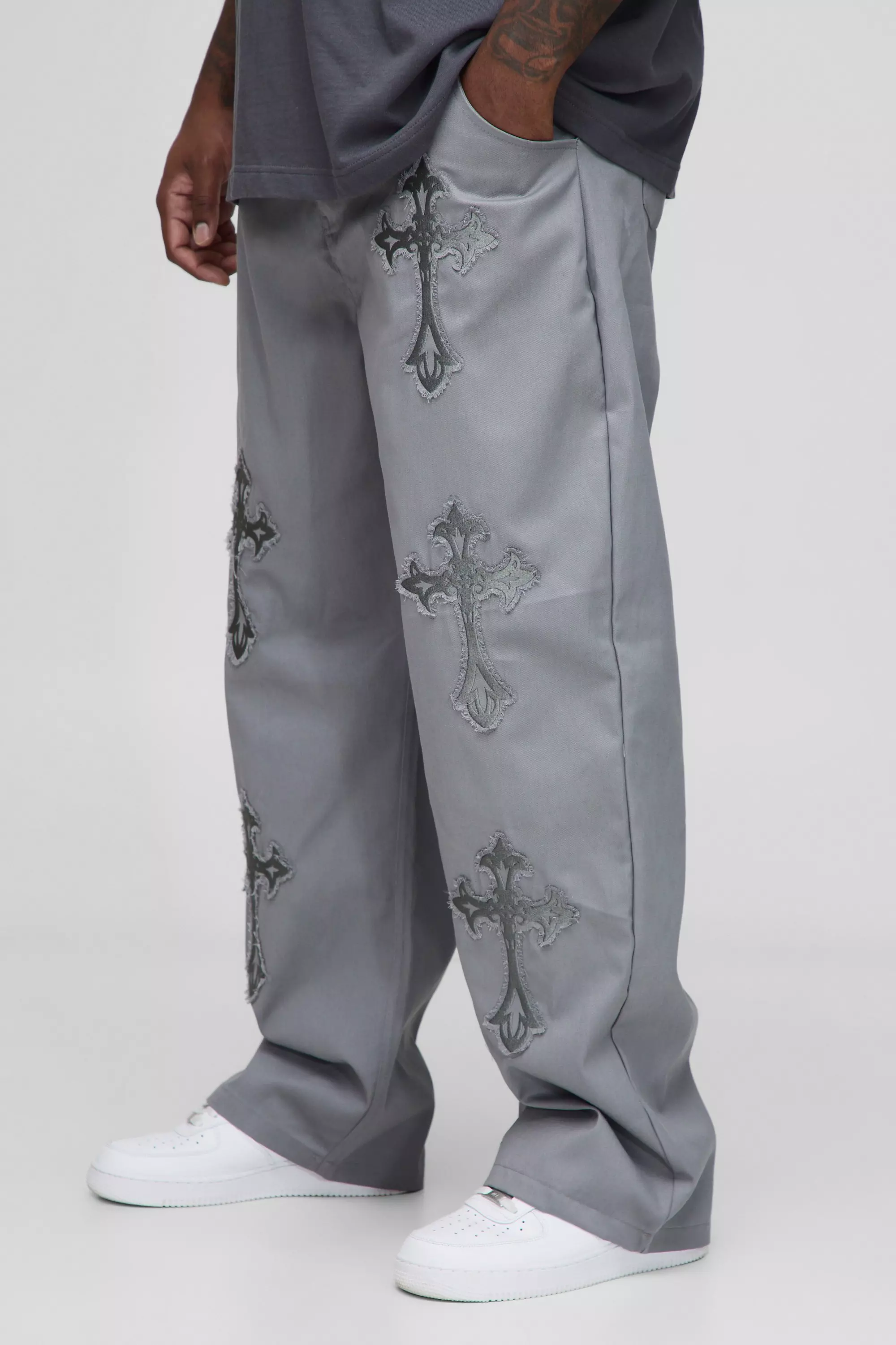 Plus Fixed Waist Cross Applique Relaxed Pants | boohooMAN USA