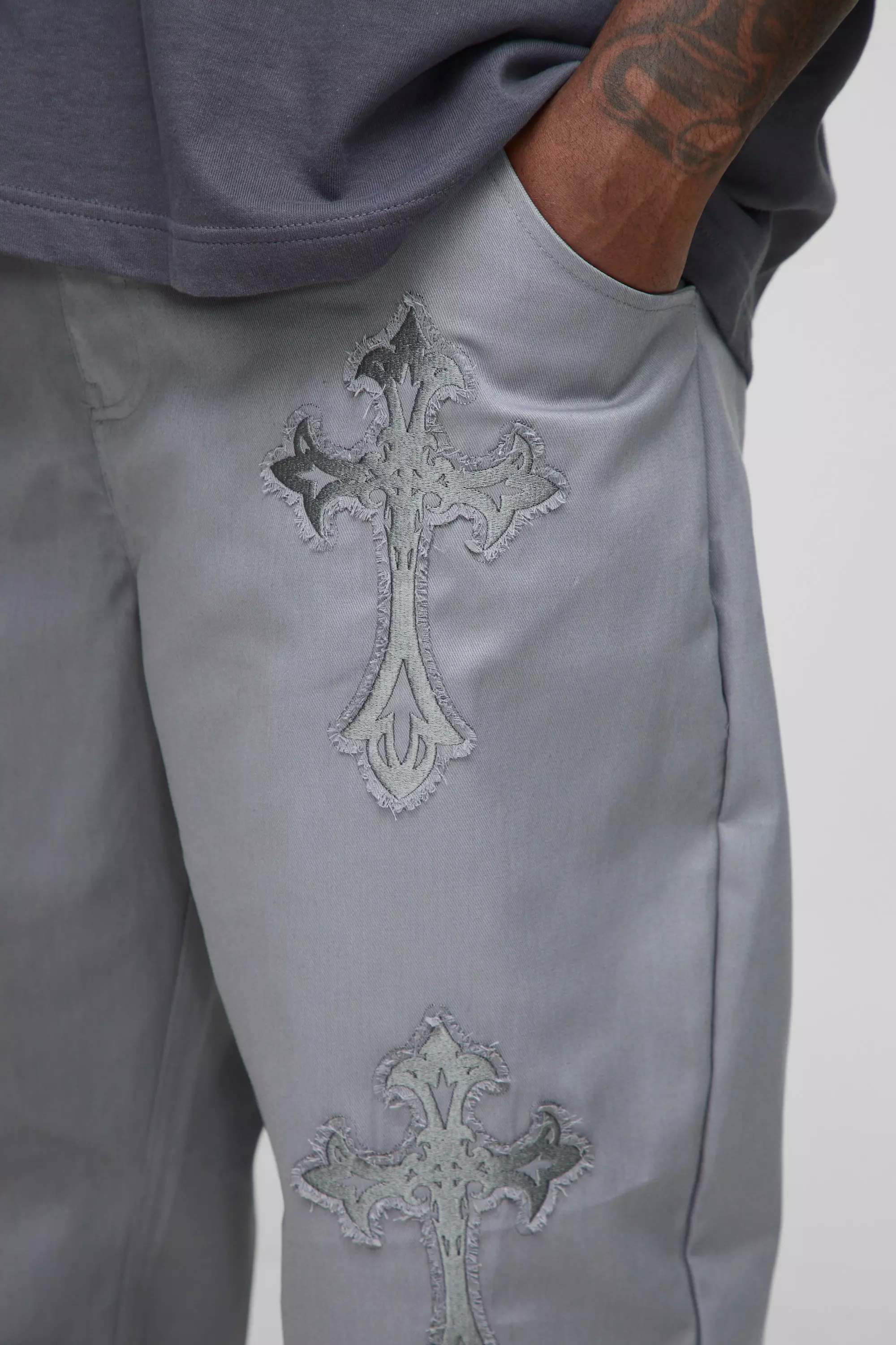 Plus Fixed Waist Cross Applique Relaxed Pants | boohooMAN USA