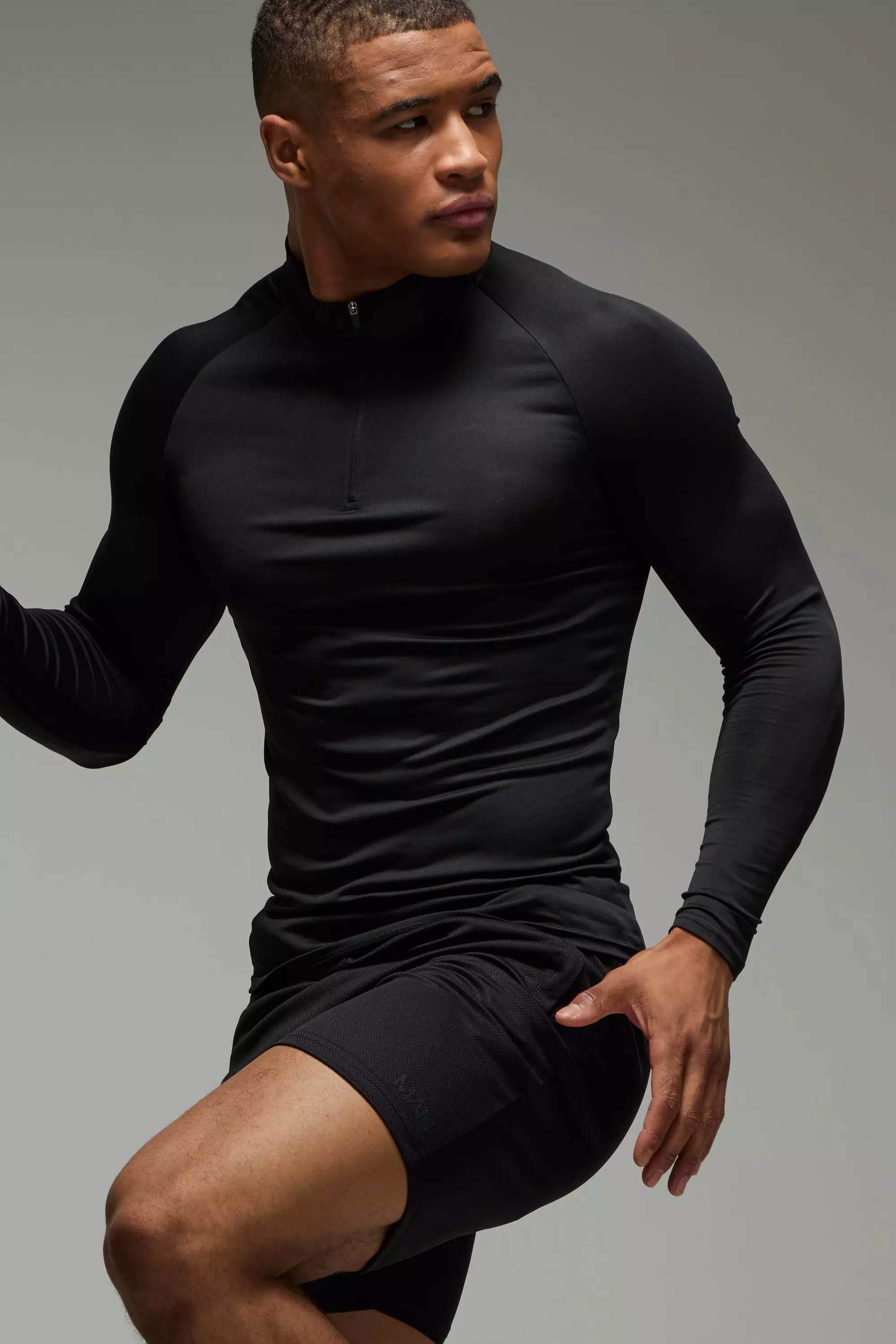 Black Man Active Lightweight Essentials Gym Raglan Muscle 1/4 Zip & Short Set