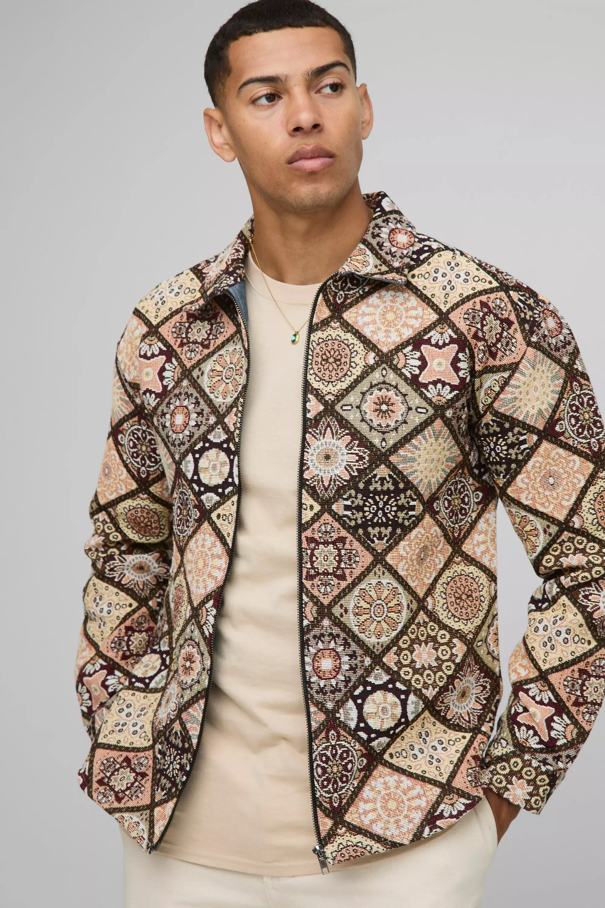 Long Sleeve Zip Through Diamond Tapestry Overshirt Stone