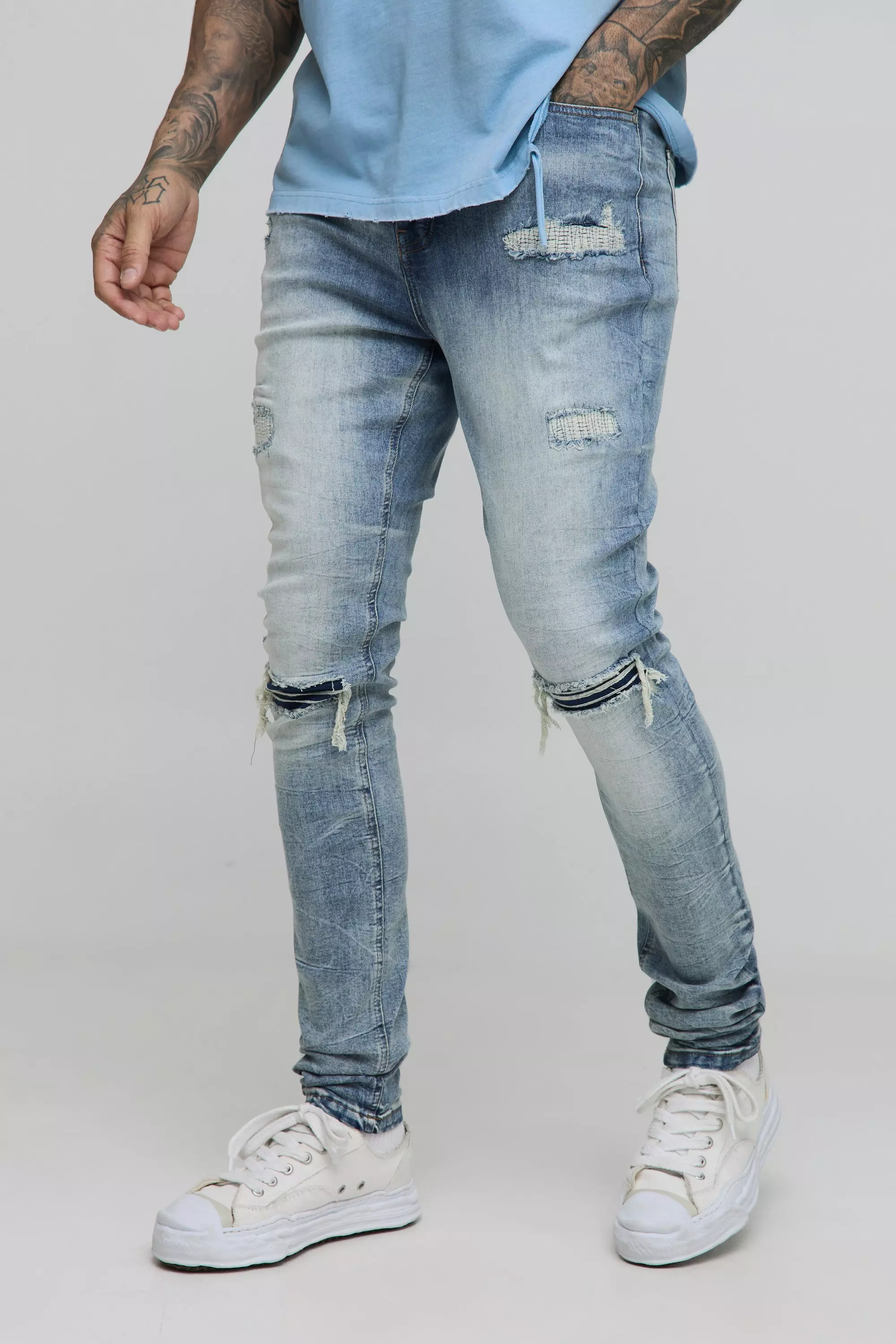 Tall Acid Wash Rip & Repair Stacked Skinny Jeans | boohooMAN USA