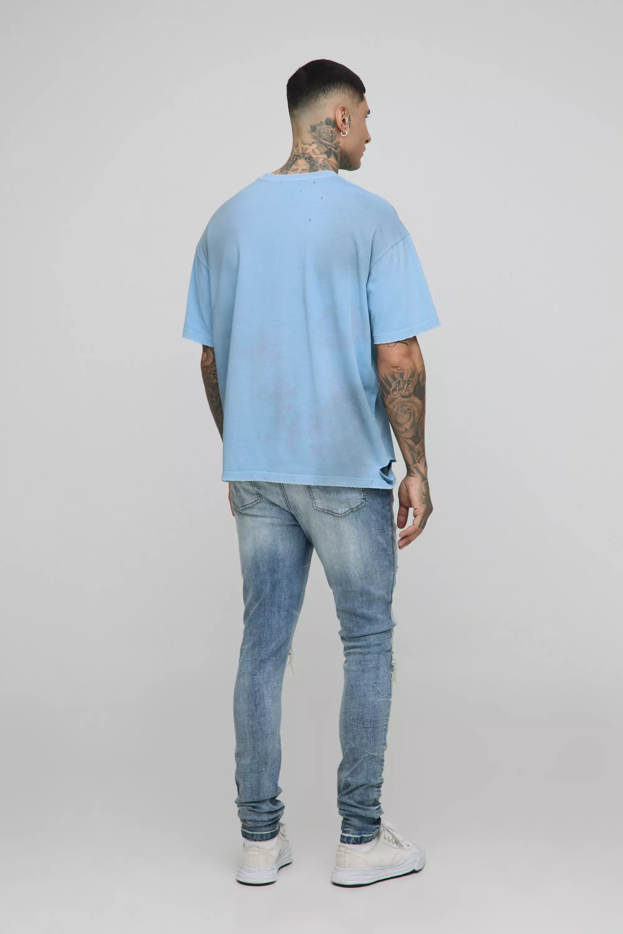 Tall Acid Wash Rip & Repair Stacked Skinny Jeans | boohooMAN USA