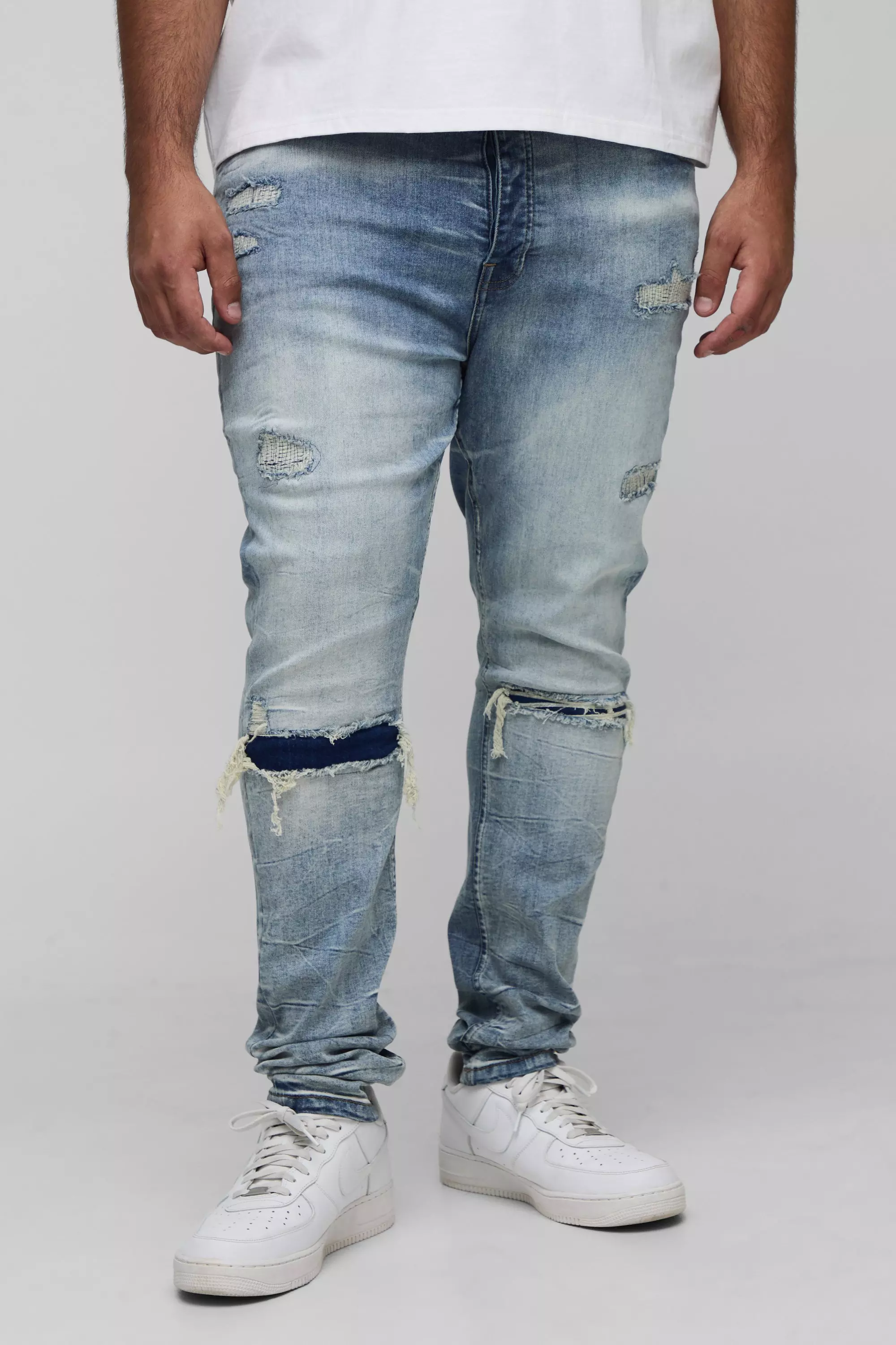 Plus Acid Wash Rip & Repair Stacked Skinny Jeans | boohooMAN USA