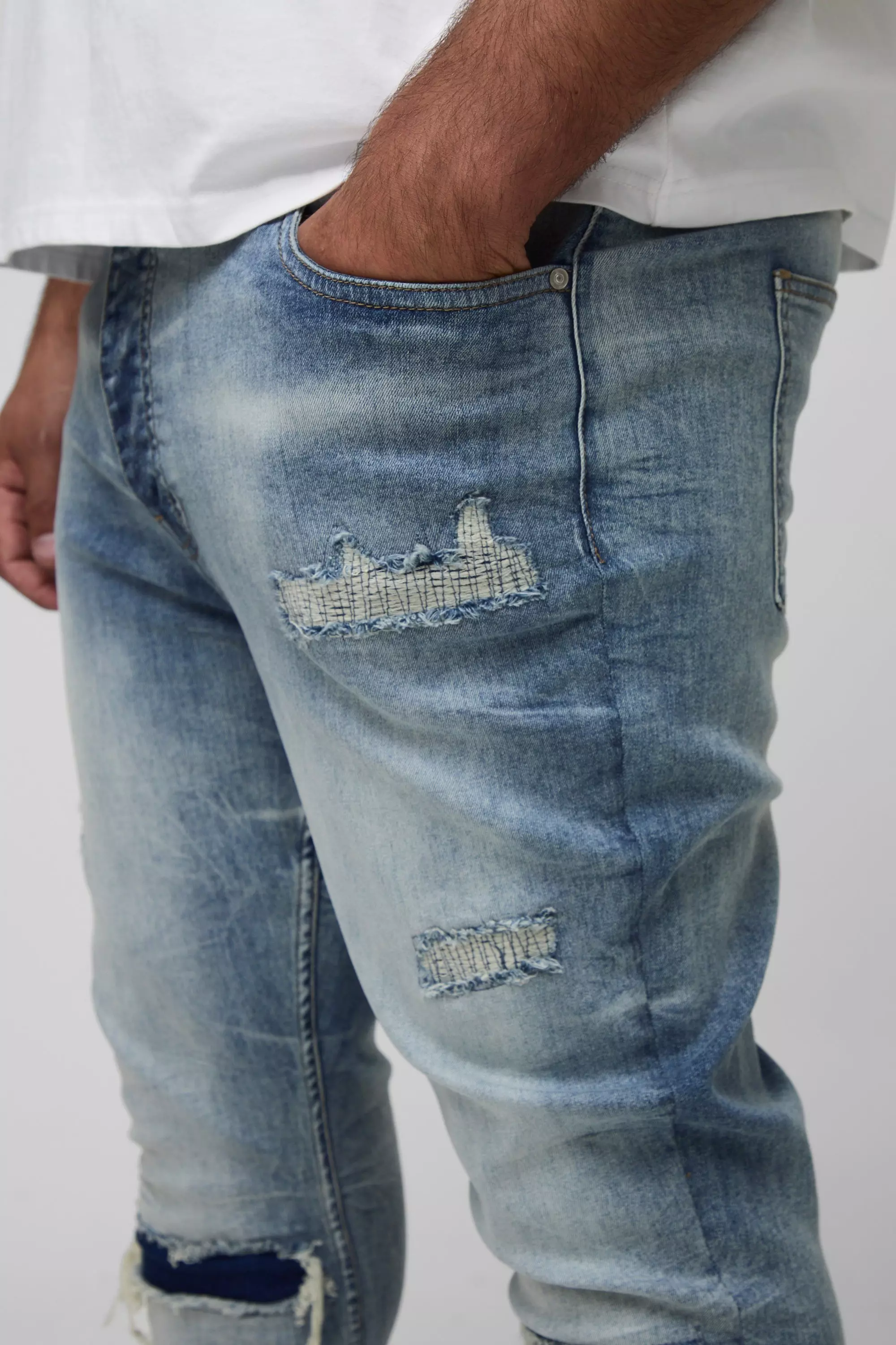 Plus Acid Wash Rip & Repair Stacked Skinny Jeans | boohooMAN USA