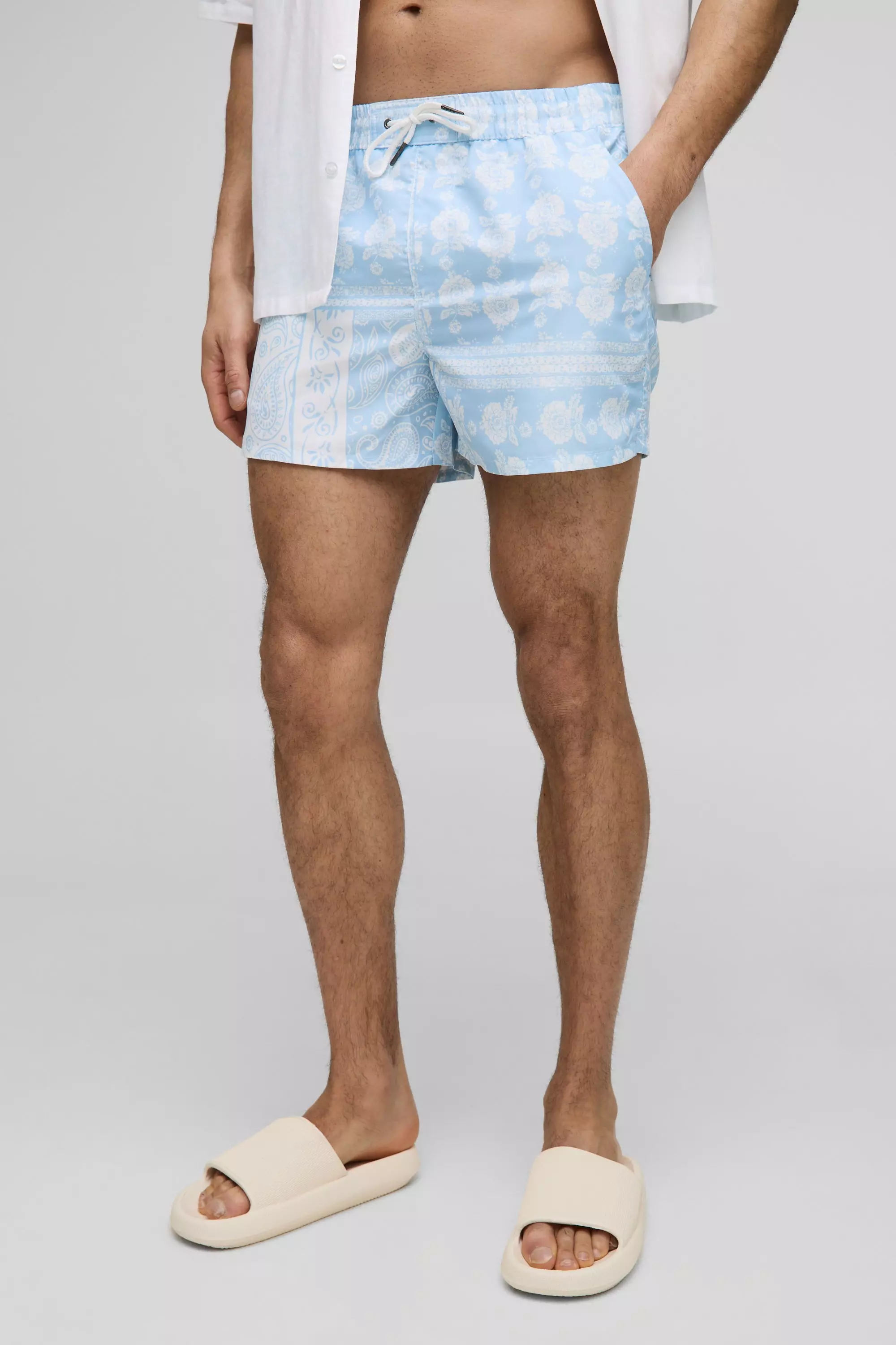 Light blue Short Length Tapestry Print Swim Trunks alternative image