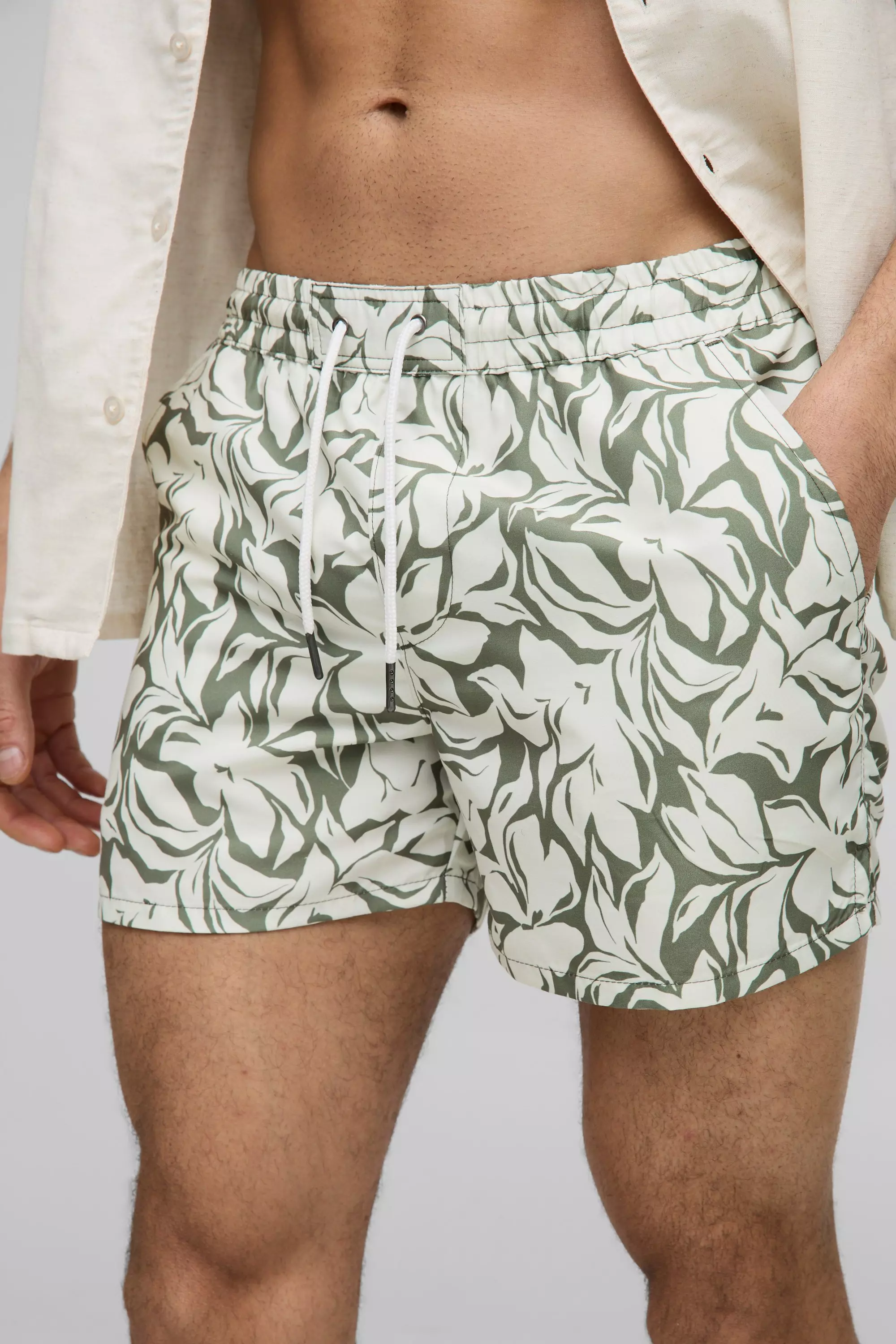 Green Short Length Leaf Print Swim Trunks alternative image