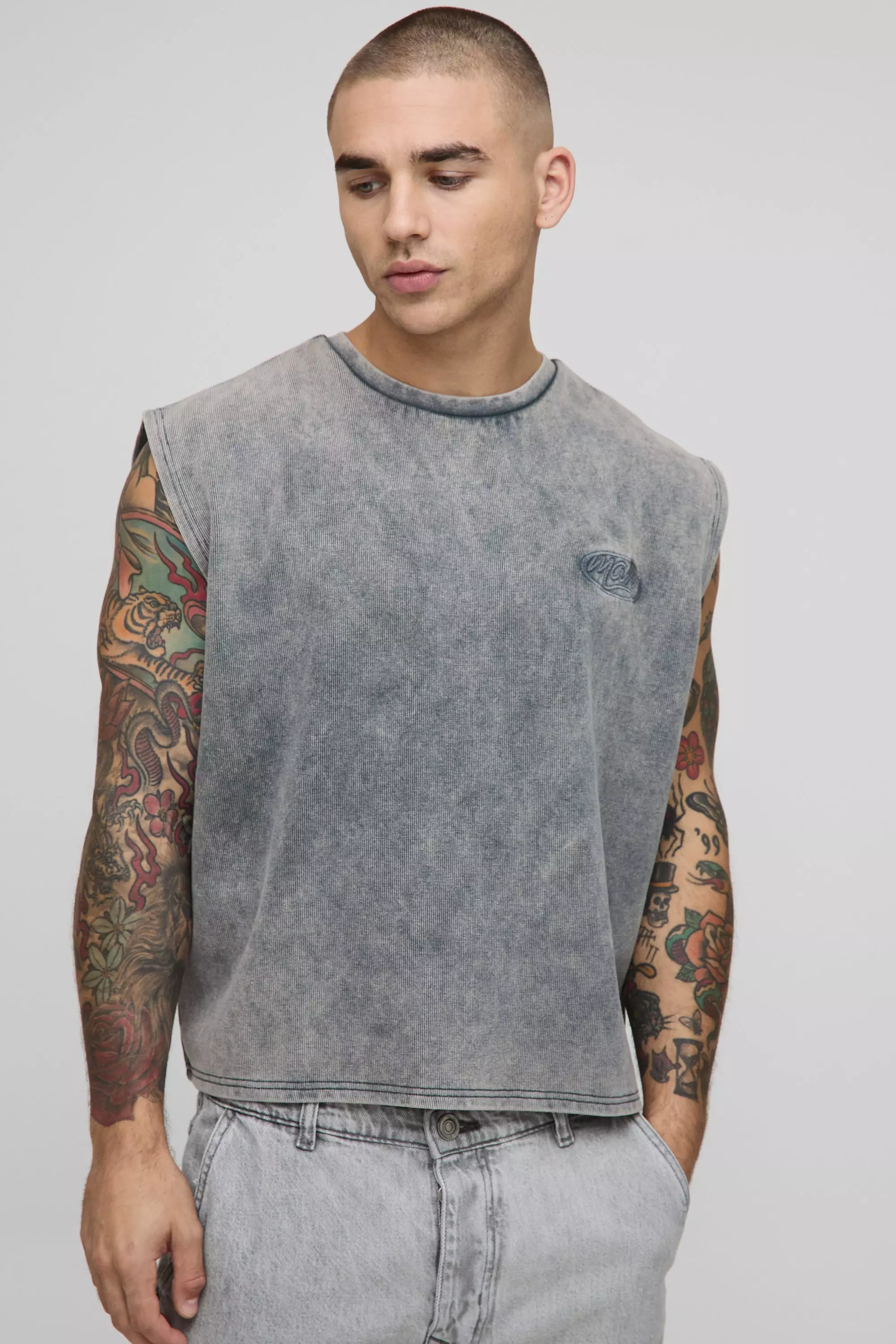 Shrunken Boxy Washed Rib Man Embroidered Tank | boohooMAN USA