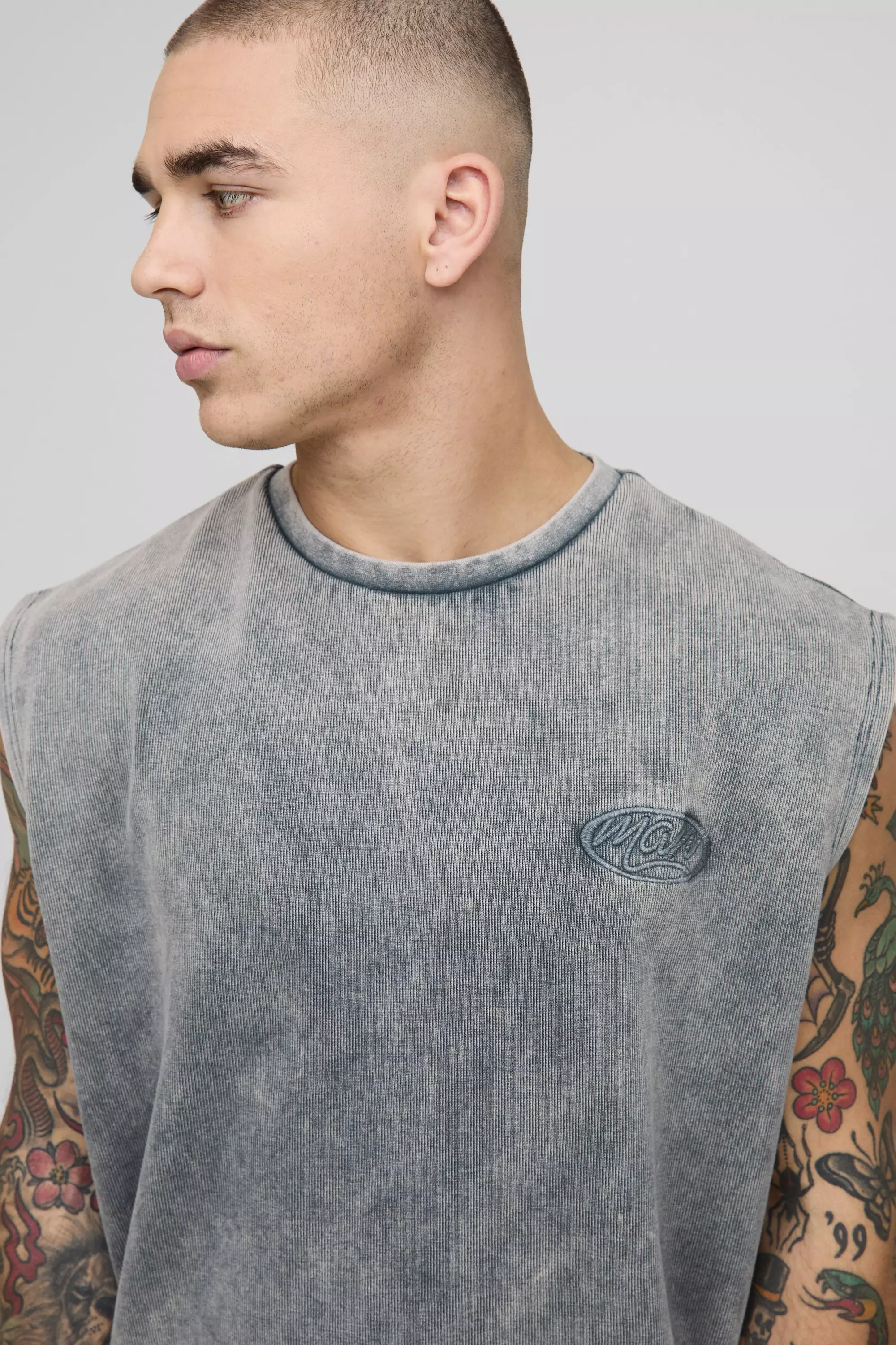 Shrunken Boxy Washed Rib Man Embroidered Tank | boohooMAN USA