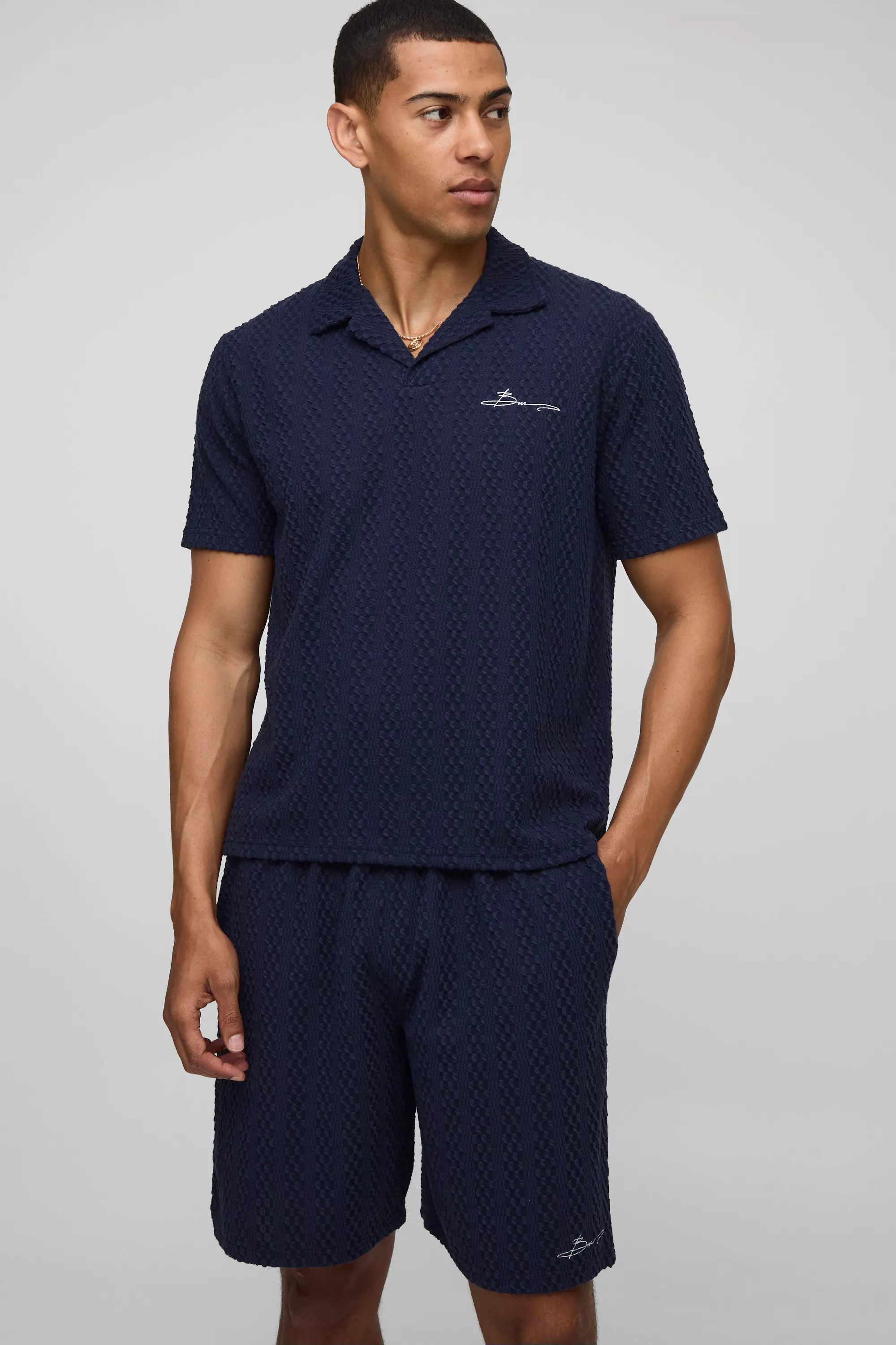 Boxy Embroidered Revere Textured Polo & Relaxed Shorts Set Navy