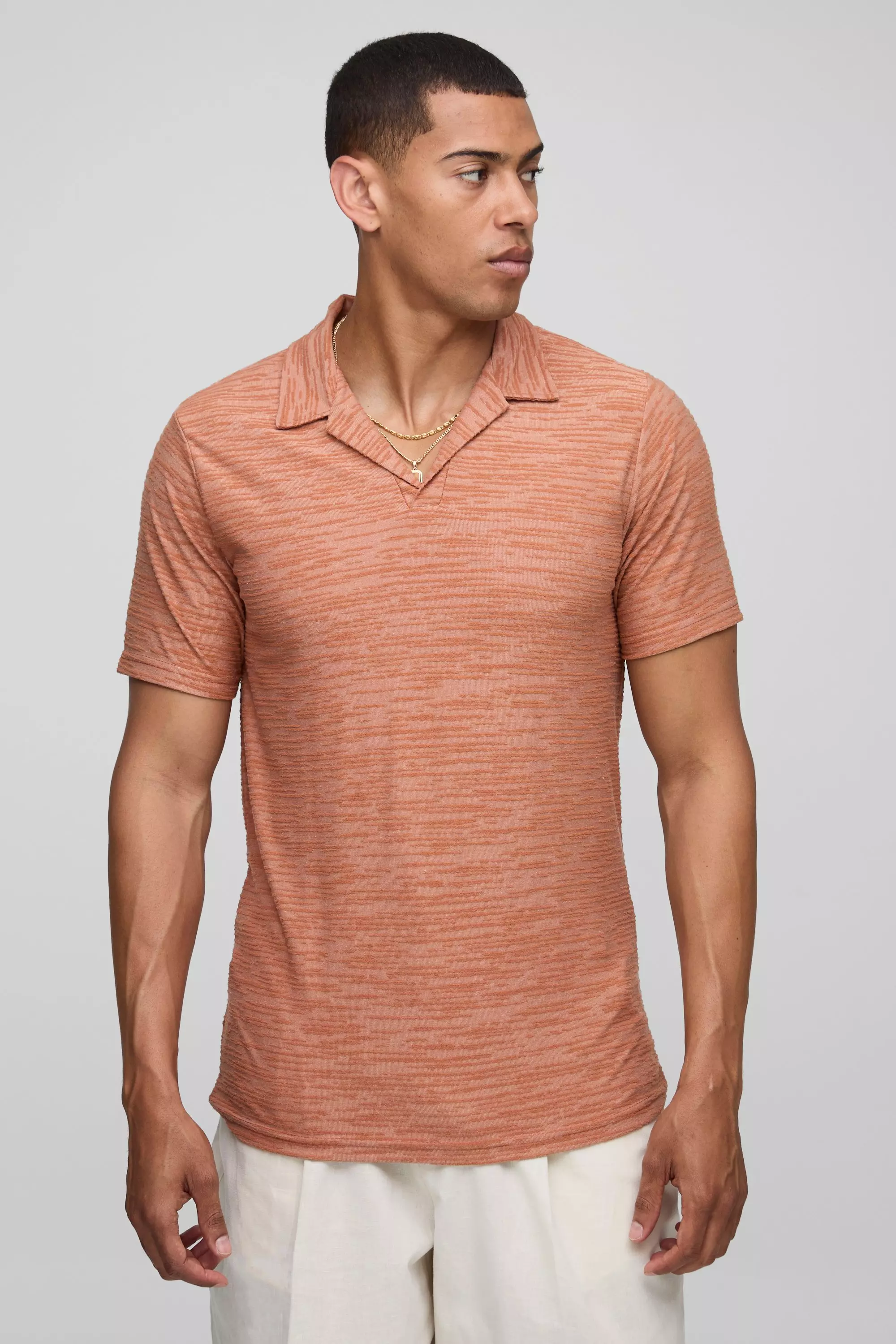 Slim Fit Revere Textured Polo Mocha