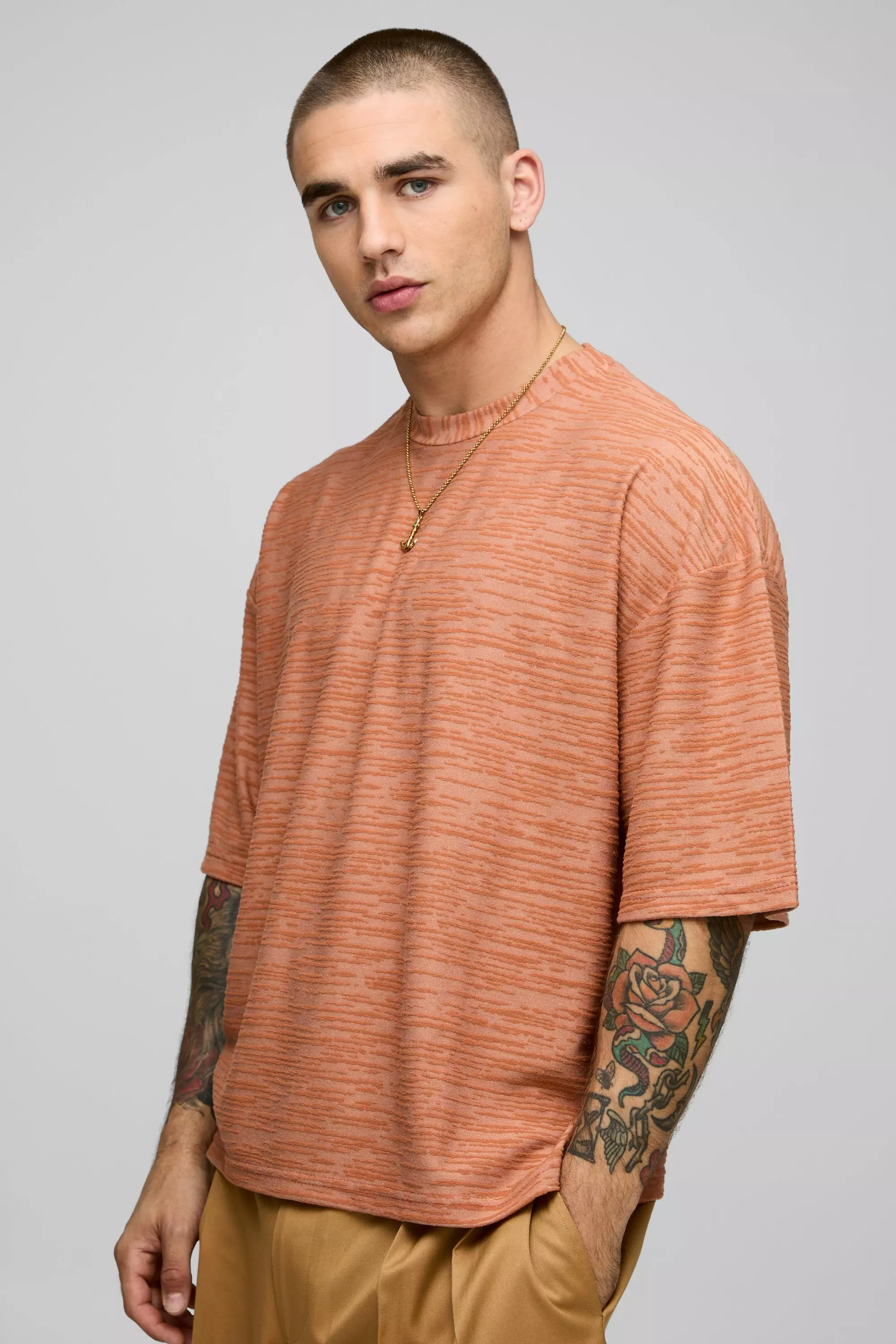 Oversized Boxy Textured T-Shirt Mocha