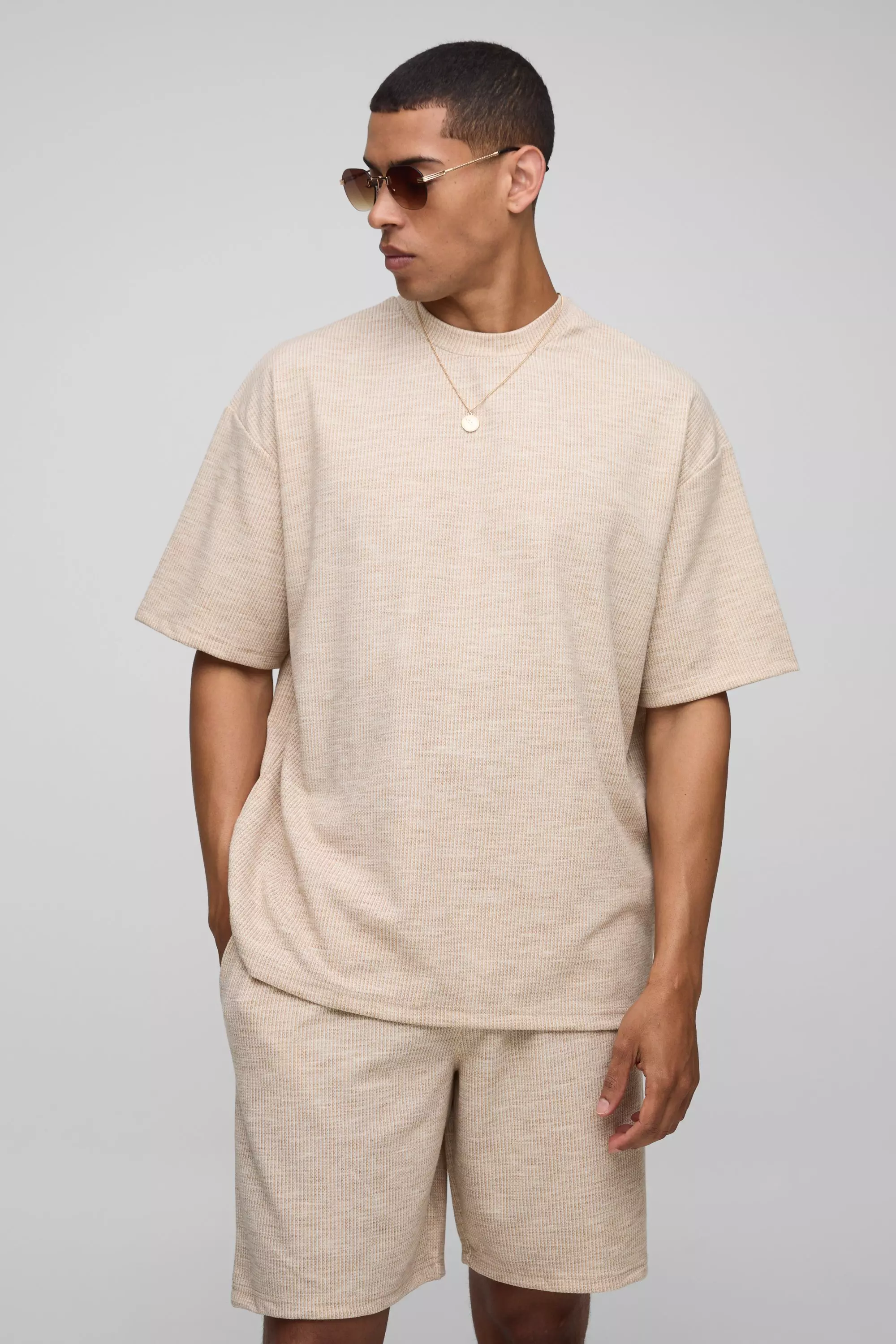 Oversized Textured Marl T-Shirt & Relaxed Shorts Set Sand