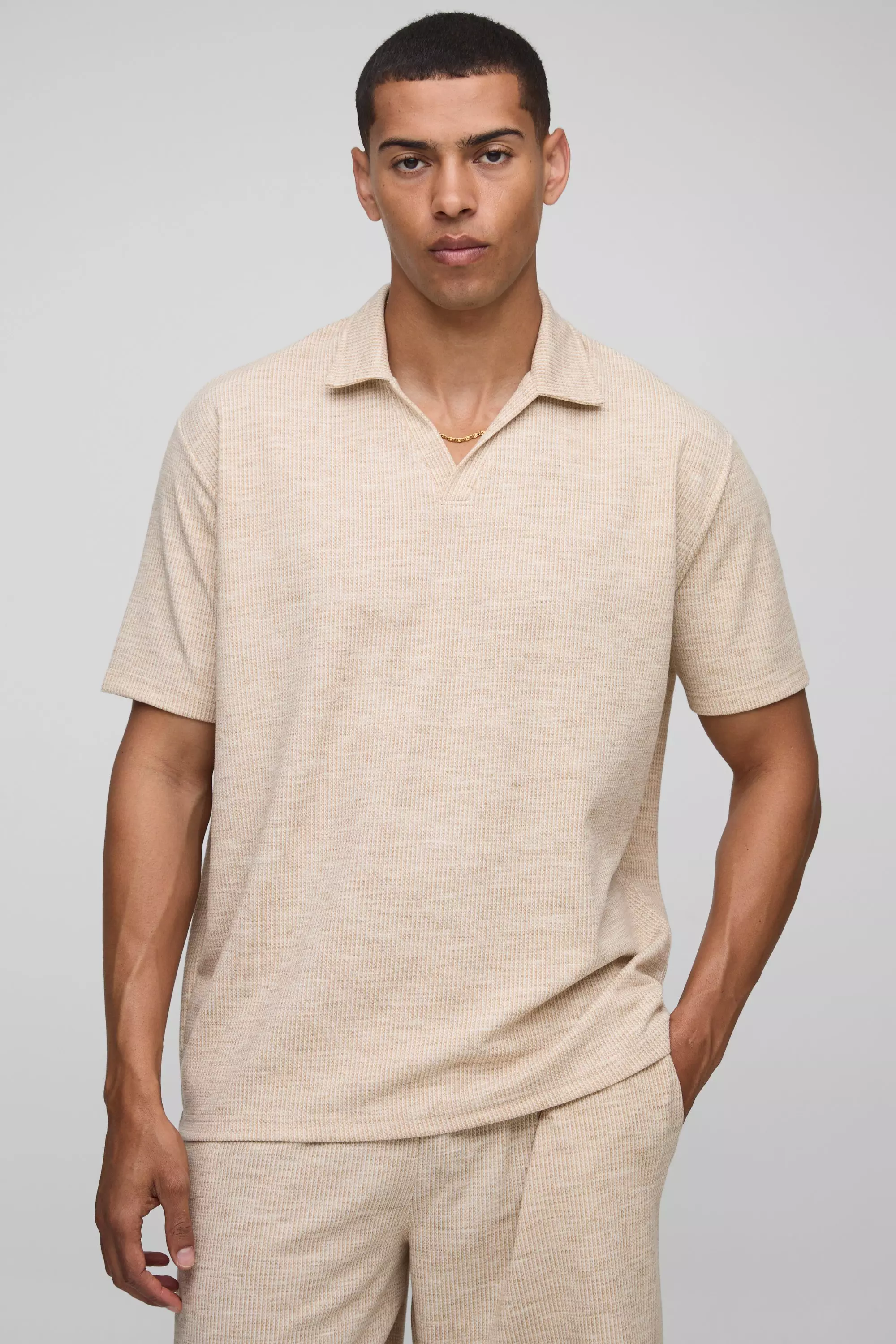 Oversized Textured Marl V Neck Polo Sand