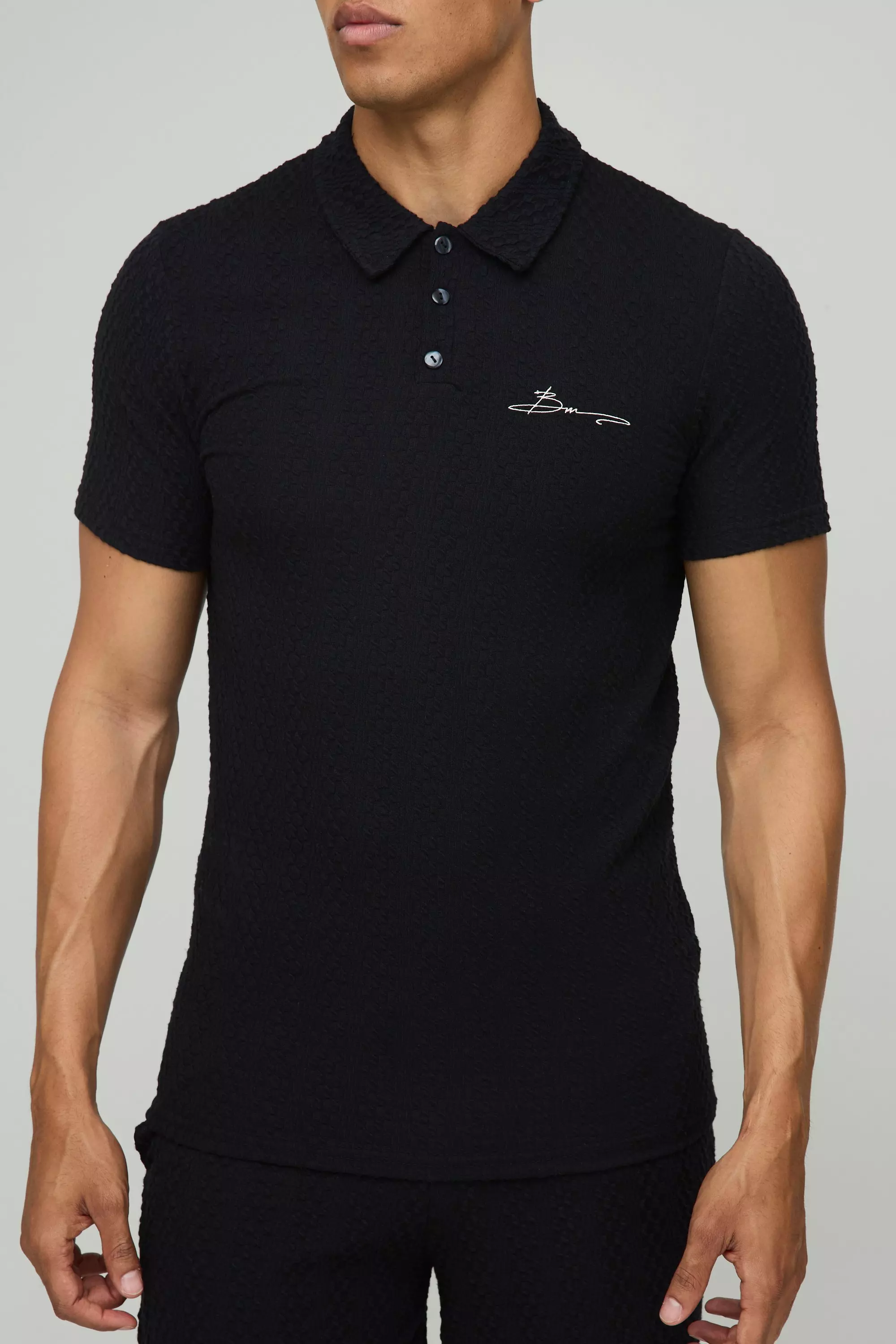Muscle Fit Button Neck Embroidered Textured Polo Black