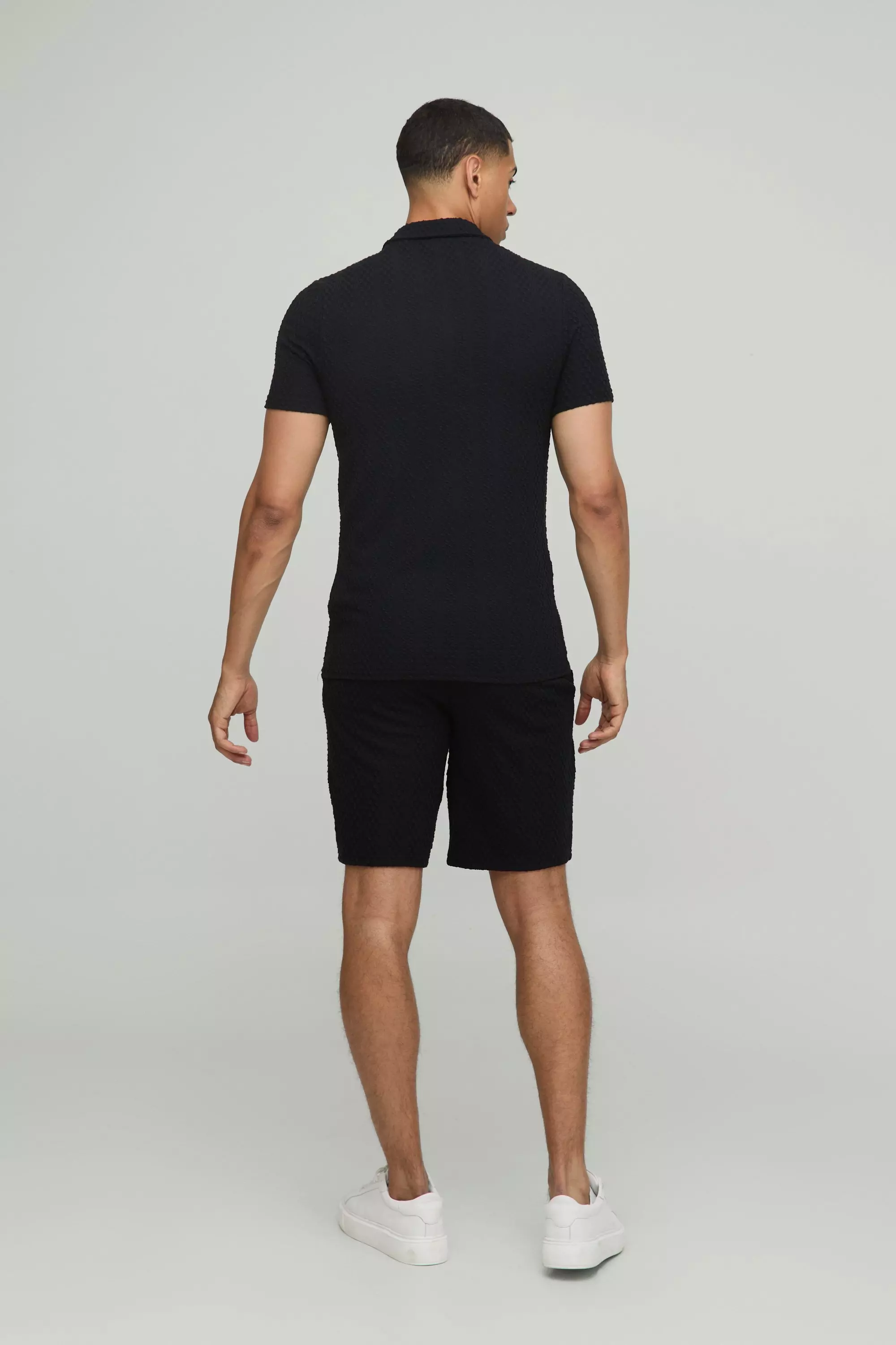 Muscle Fit Button Neck Embroidered Textured Polo | boohooMAN USA