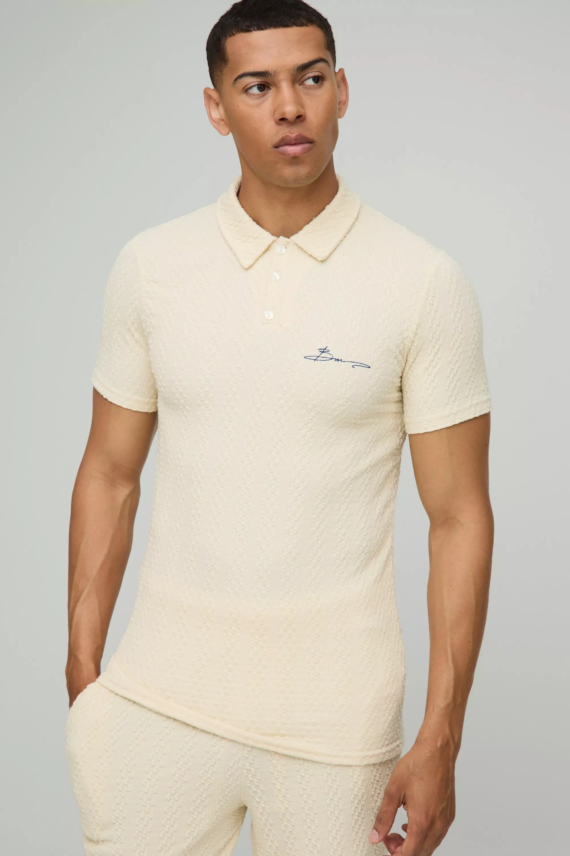 Muscle Fit Button Neck Embroidered Textured Polo Ecru