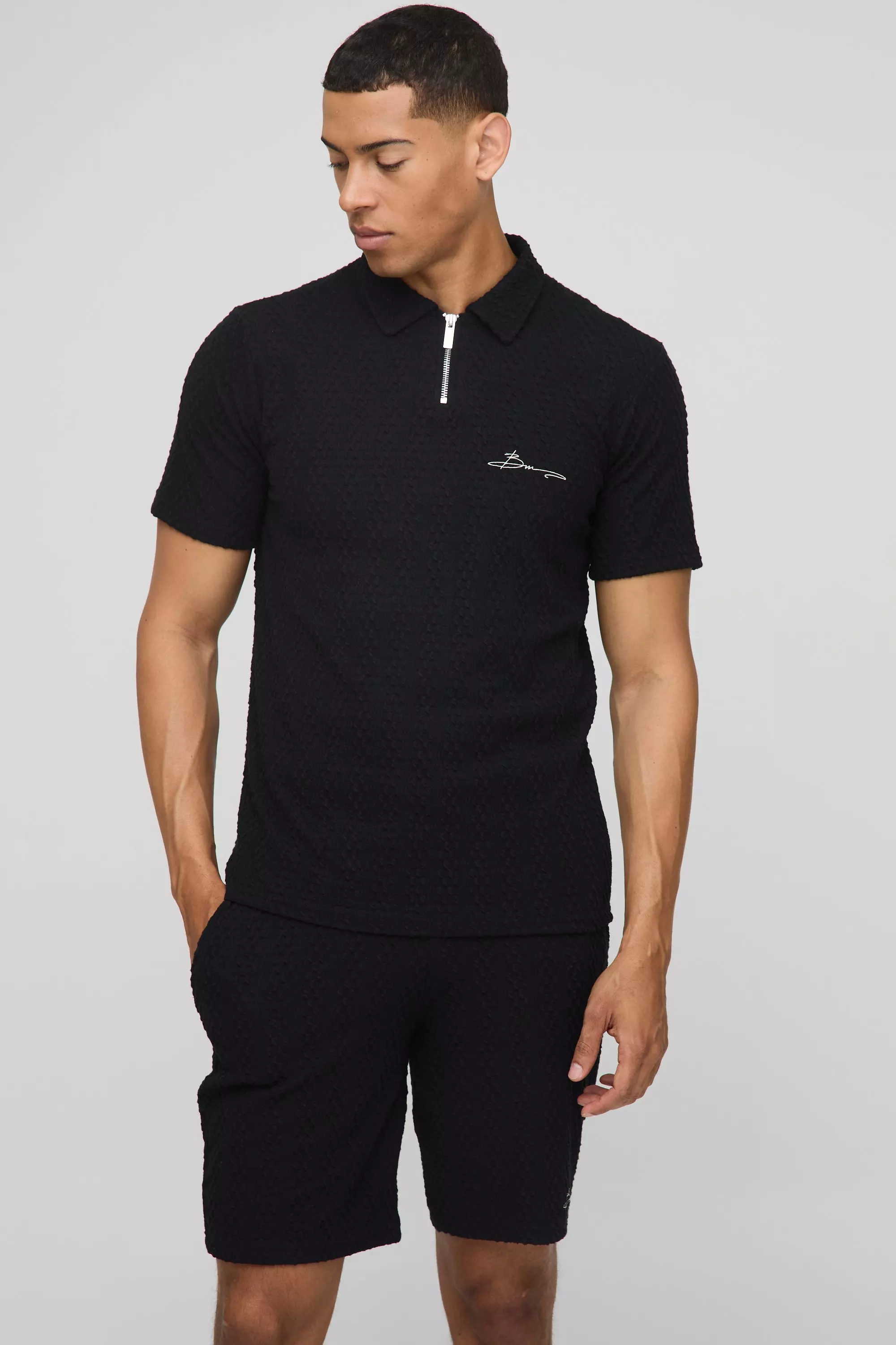 Black Slim Textured Zip Neck Embroidered Polo & Slim Shorts Set