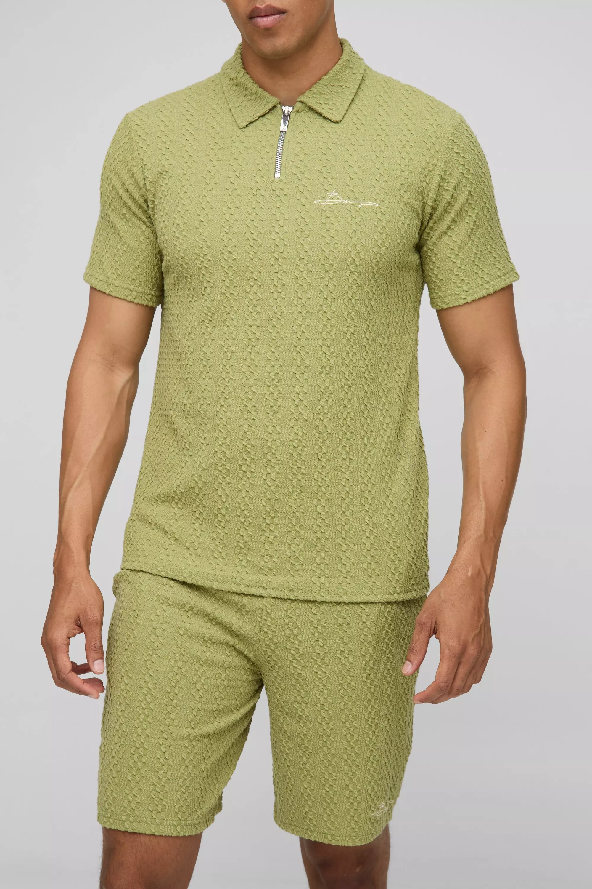 Slim Textured Zip Neck Embroidered Polo & Slim Shorts Set Olive