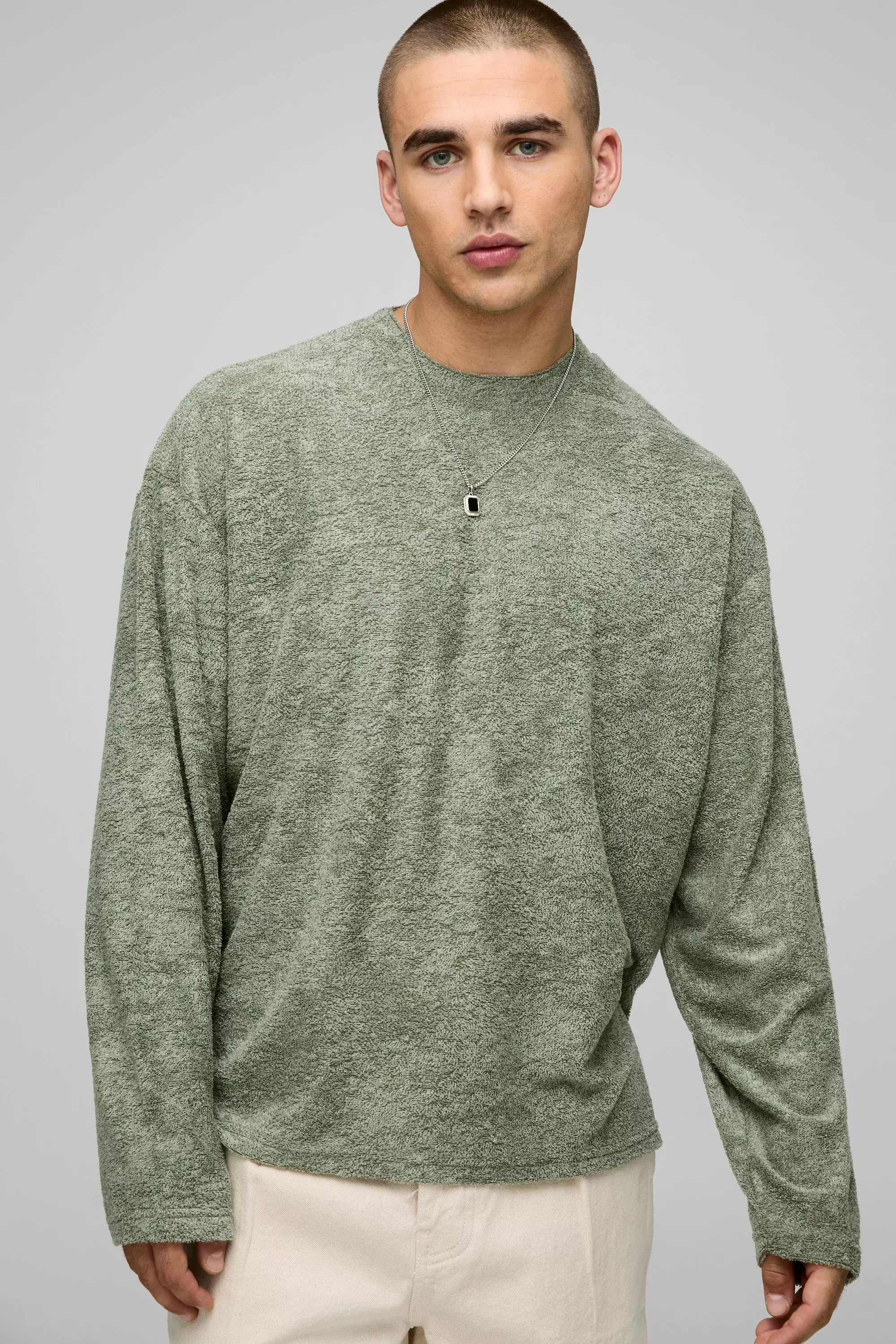 Oversized Boxy Long Sleeve Textured T-Shirt Olive