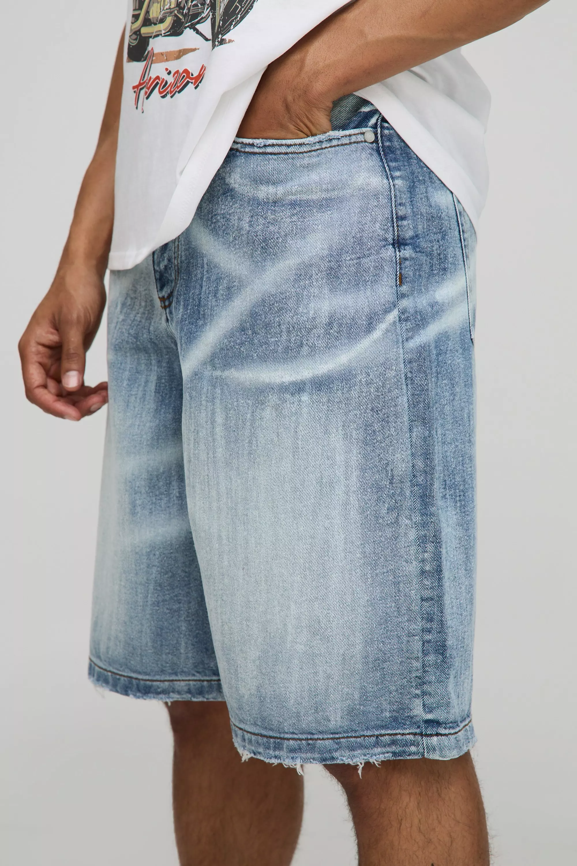 Regular Fit Extreme Washed Denim Jorts | boohooMAN USA