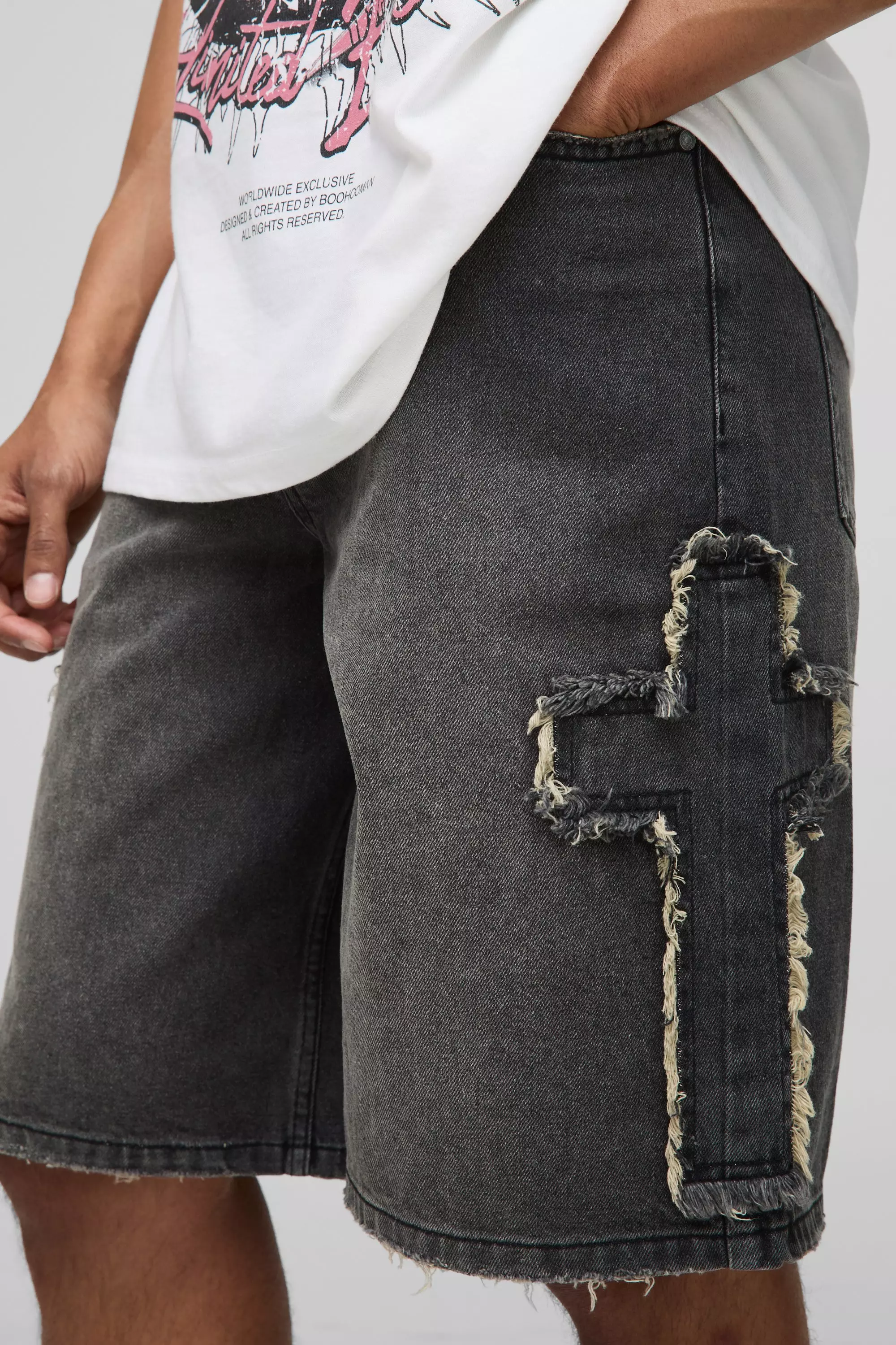Regular Fit Cross Applique Washed Black Jorts | boohooMAN USA