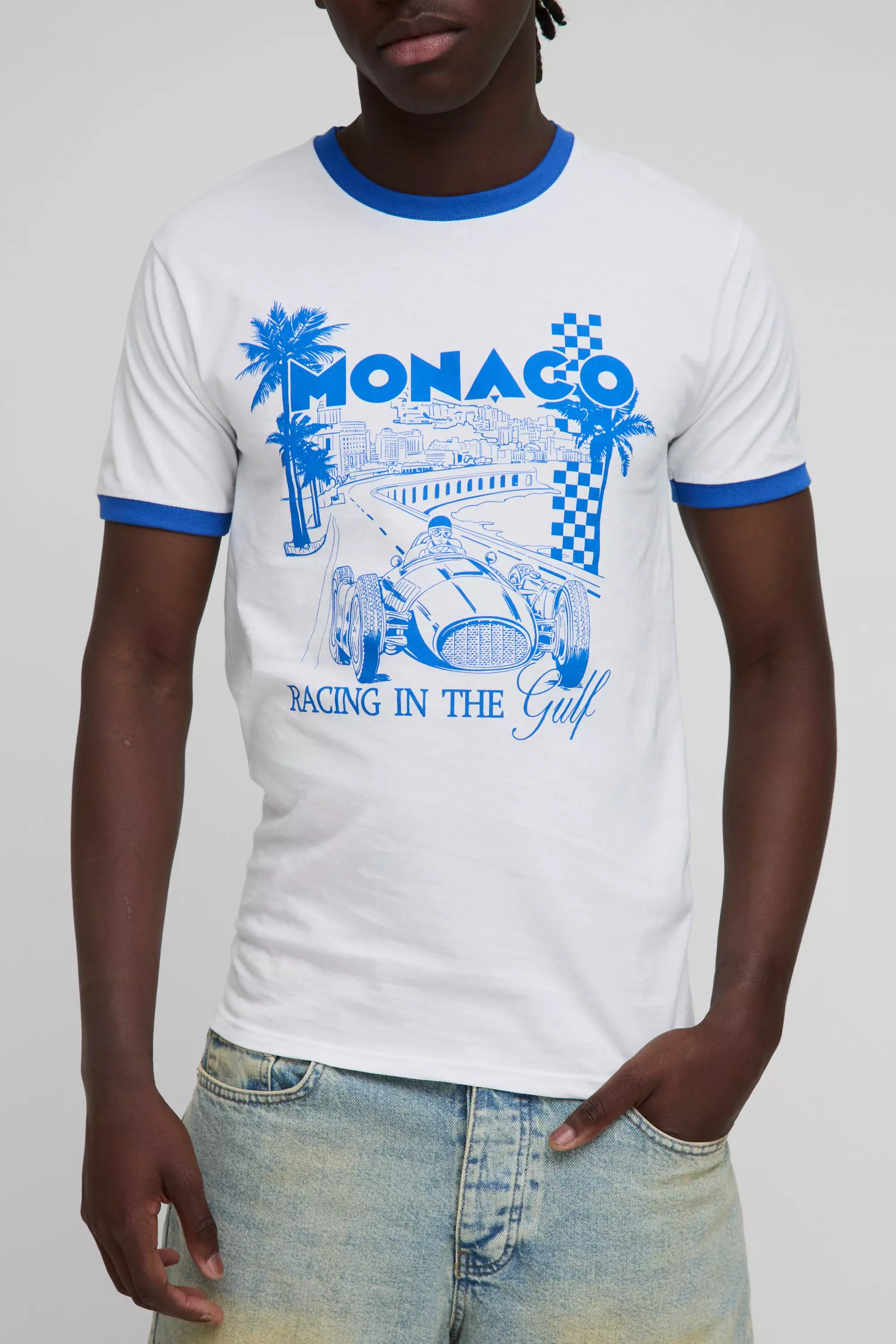 White Regular Fit Monaco Palm Graphic Ringer T-Shirt alternative image