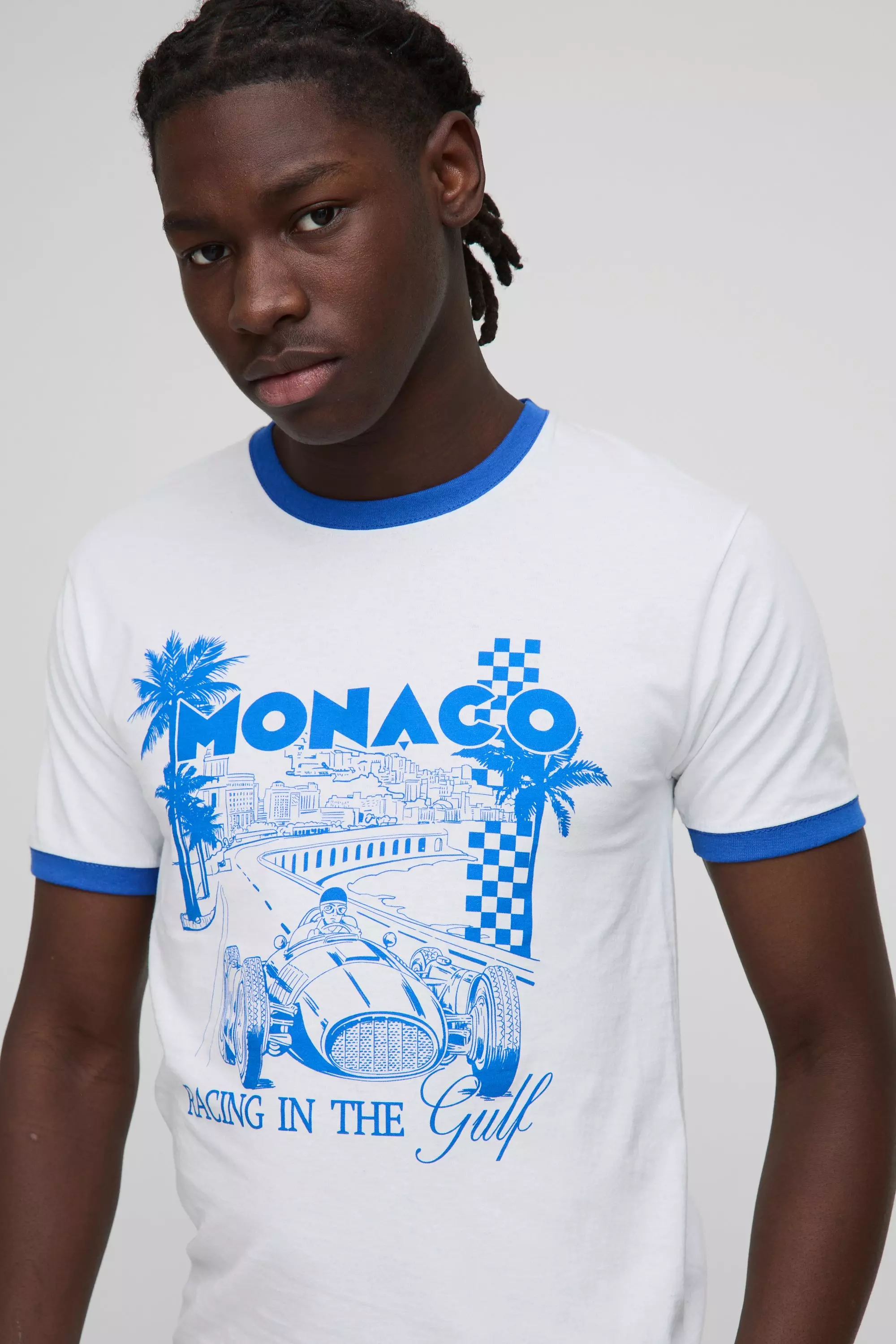 White Regular Fit Monaco Palm Graphic Ringer T-Shirt alternative image