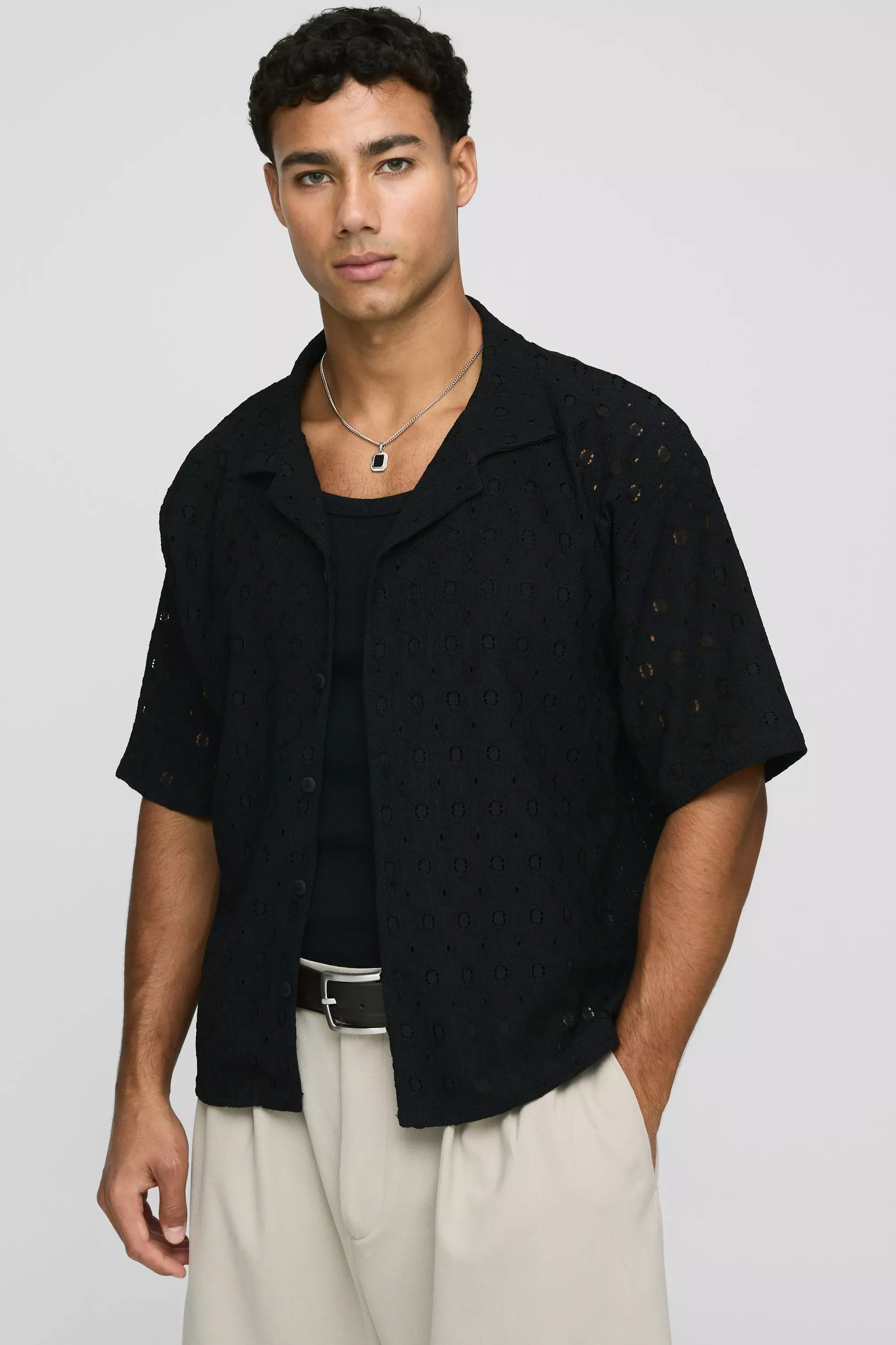 Black Oversized Boxy Revere Abstract Broderie Shirt alternative image