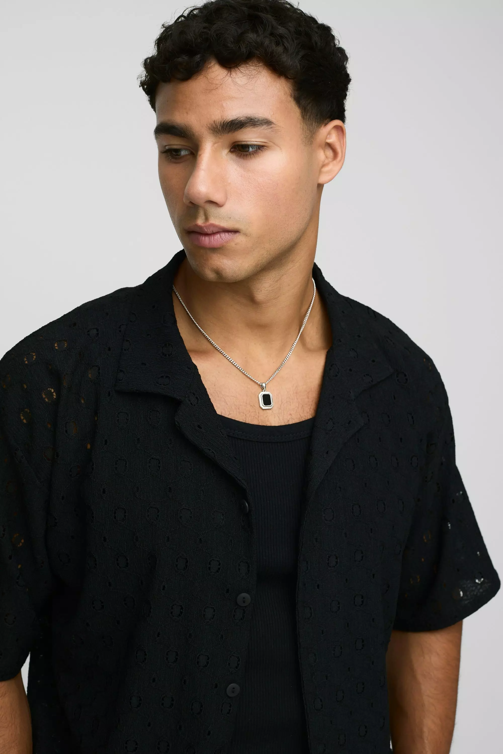 Black Oversized Boxy Revere Abstract Broderie Shirt alternative image