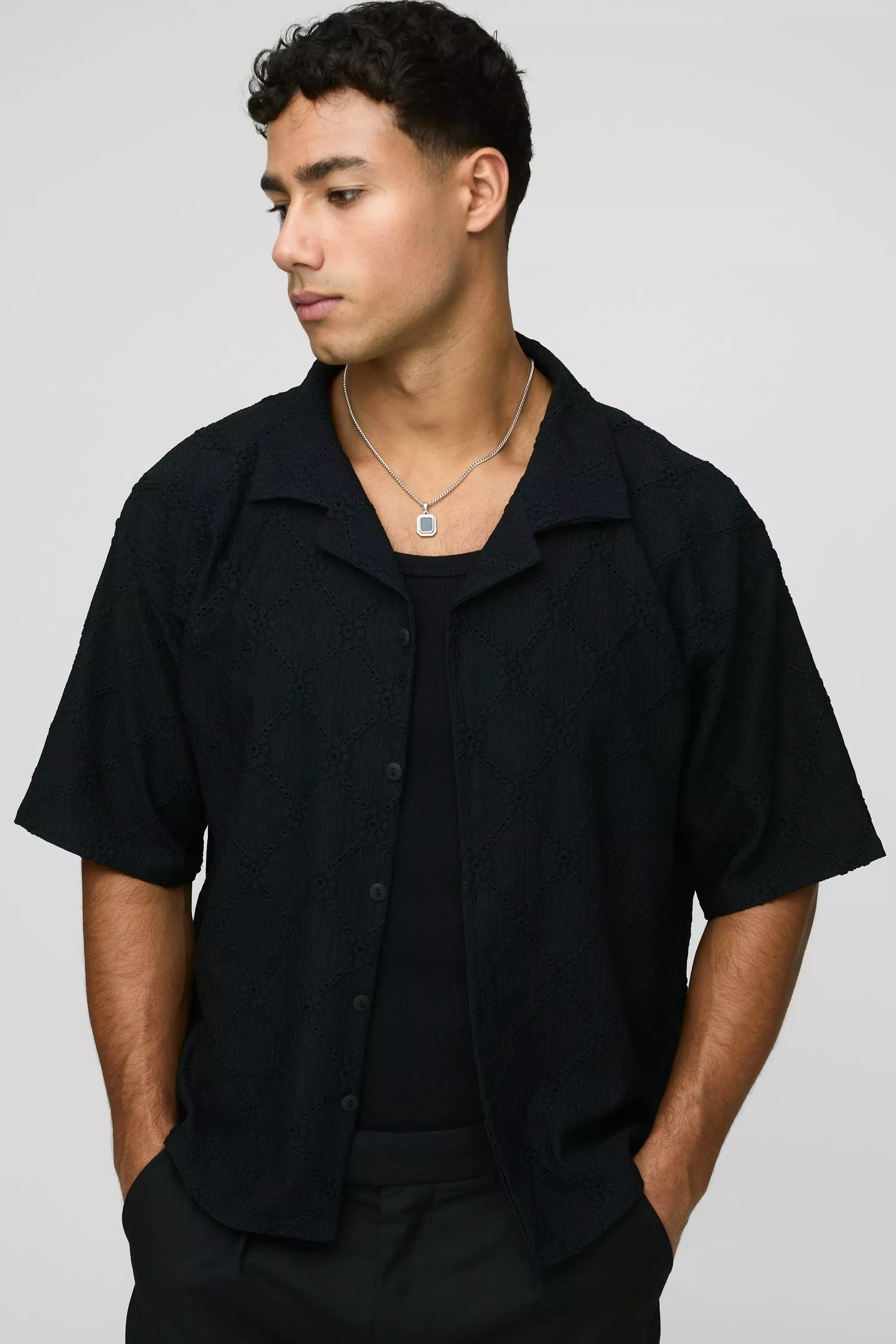 Black Oversized Boxy Revere Floral Broderie Shirt alternative image