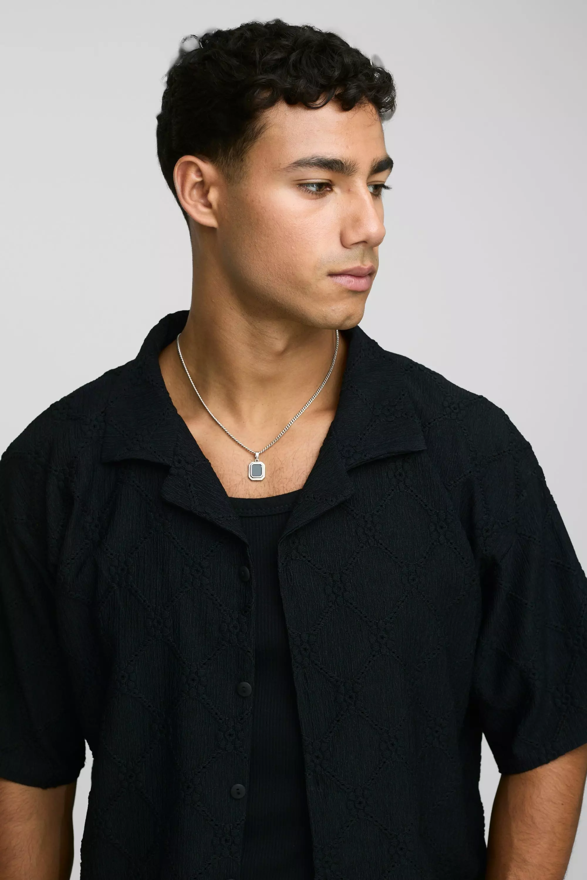 Black Oversized Boxy Revere Floral Broderie Shirt alternative image