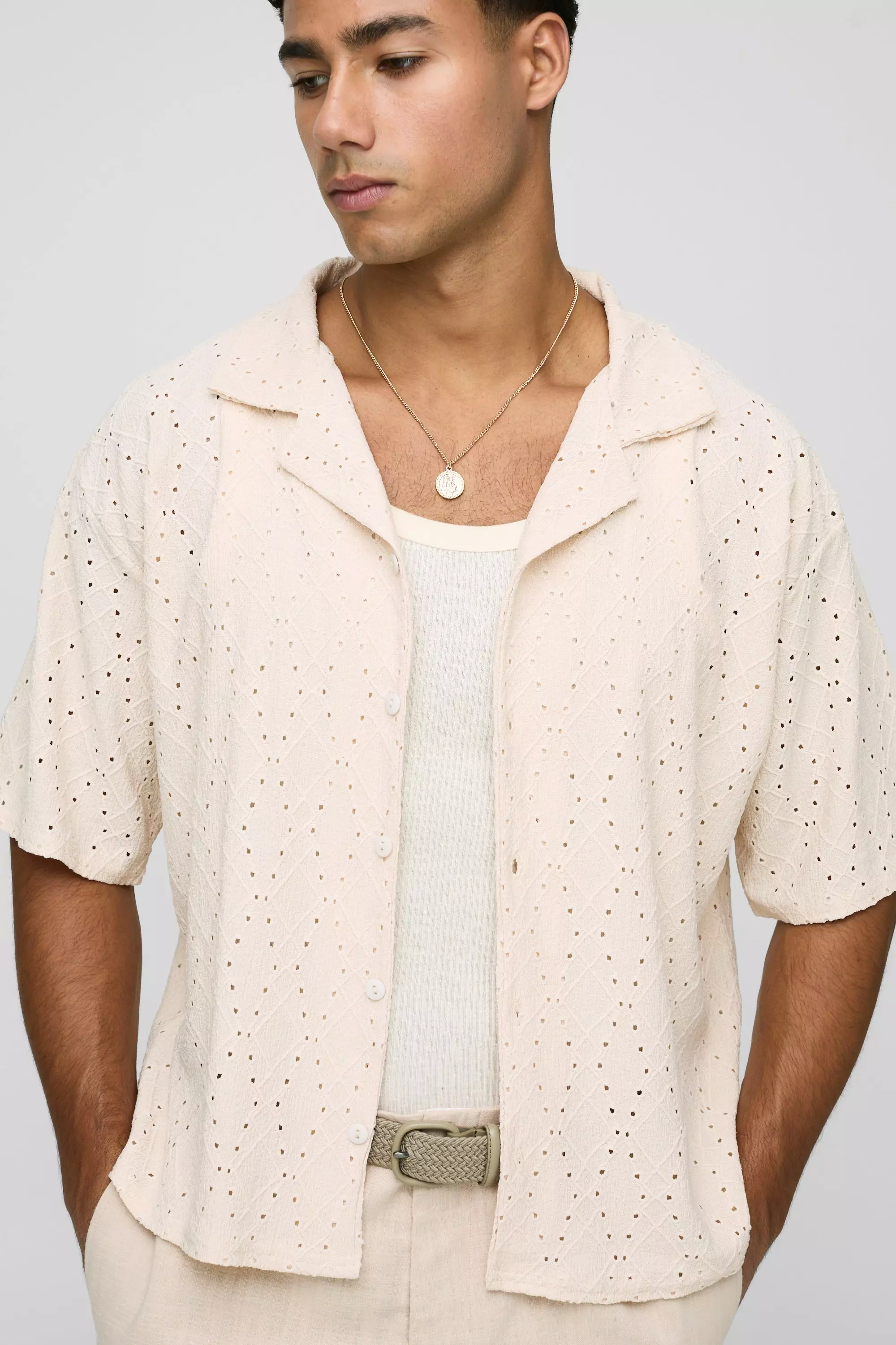 Ecru Oversized Boxy Revere Geometric Broderie Shirt alternative image