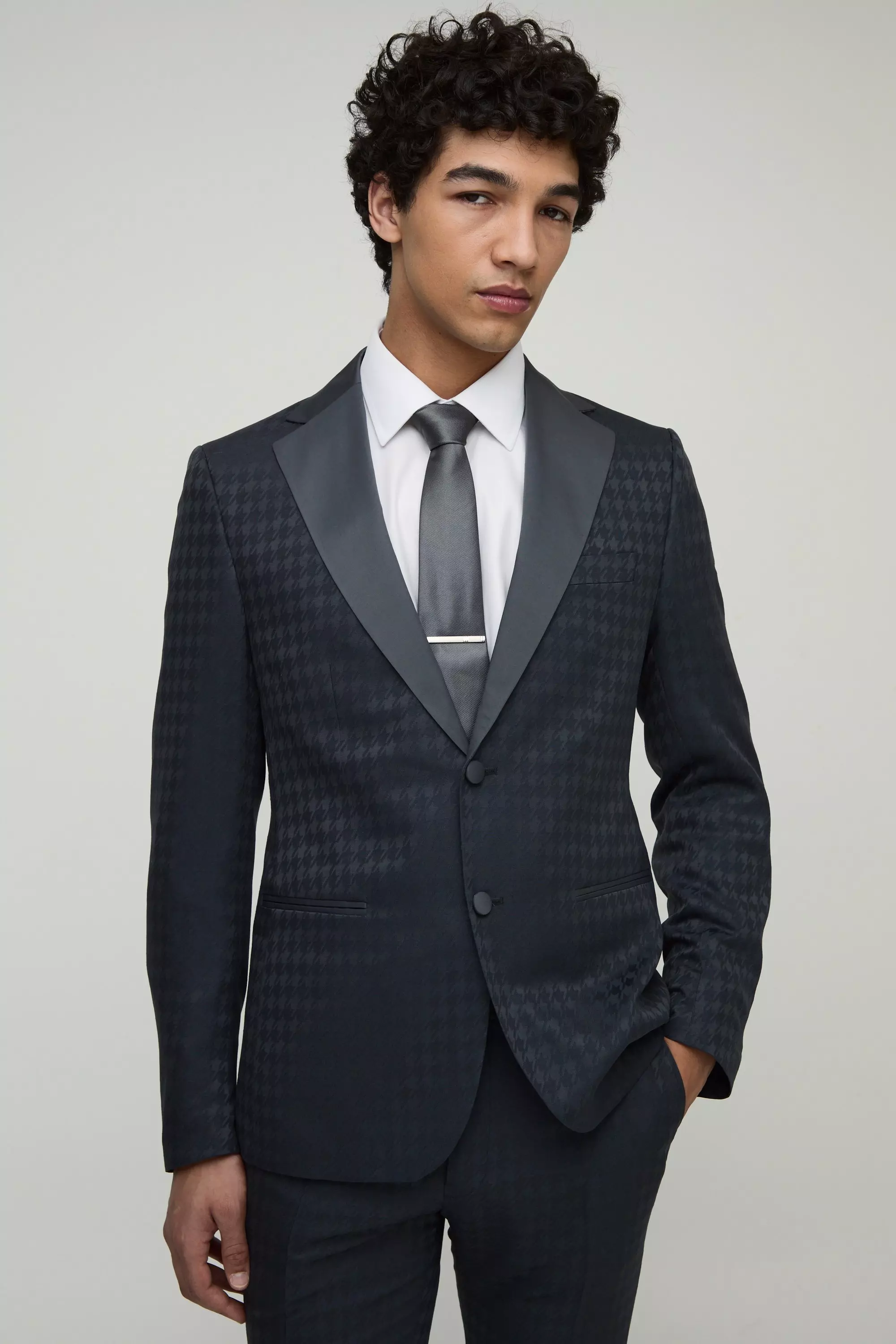 Skinny Tonal Houndstooth Single Breasted Jacket Navy