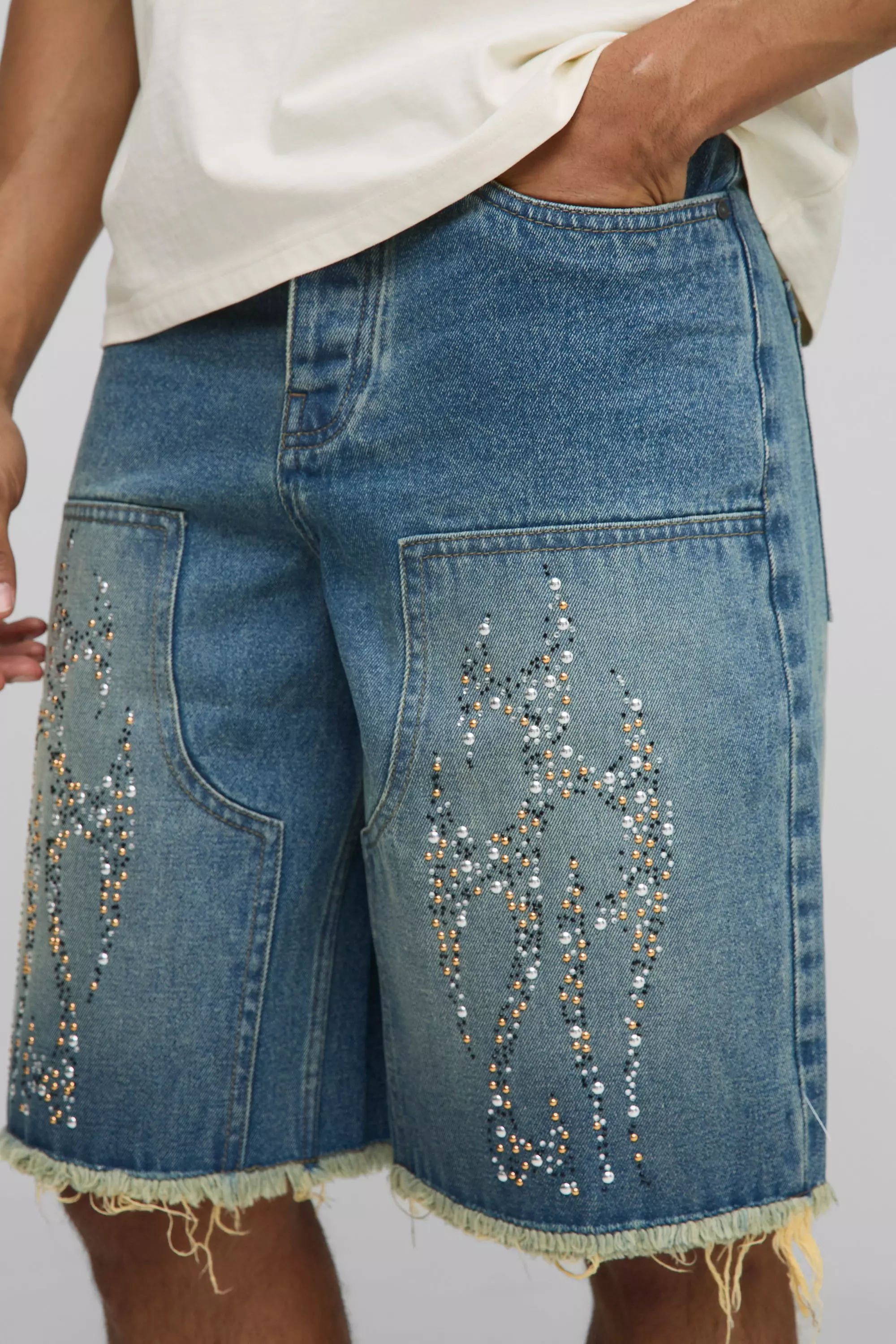 Regular Fit Embellished Tribal Carpenter Jorts | boohooMAN USA