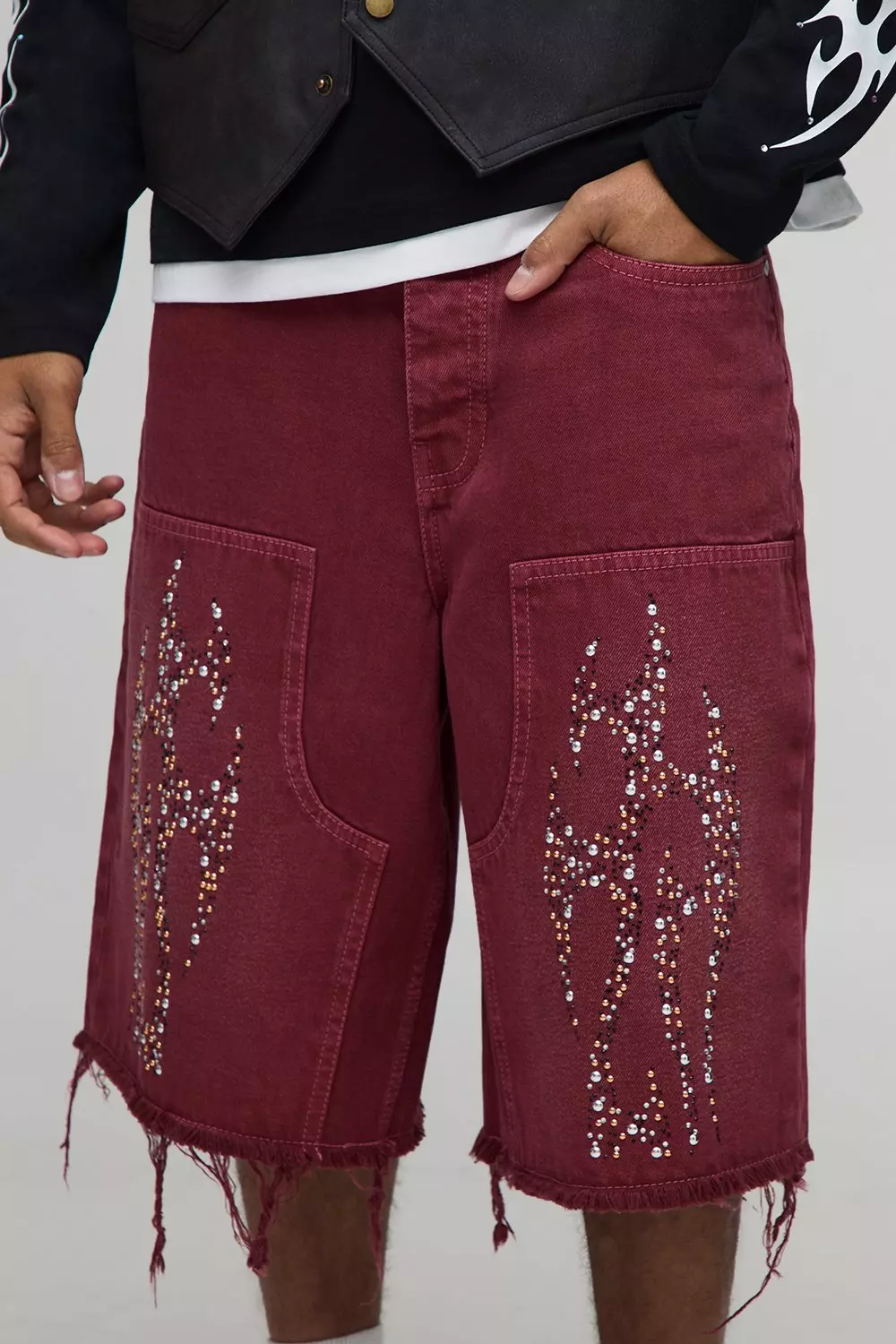 Regular Fit Embellished Tinted Tribal Carpenter Jorts | boohooMAN USA