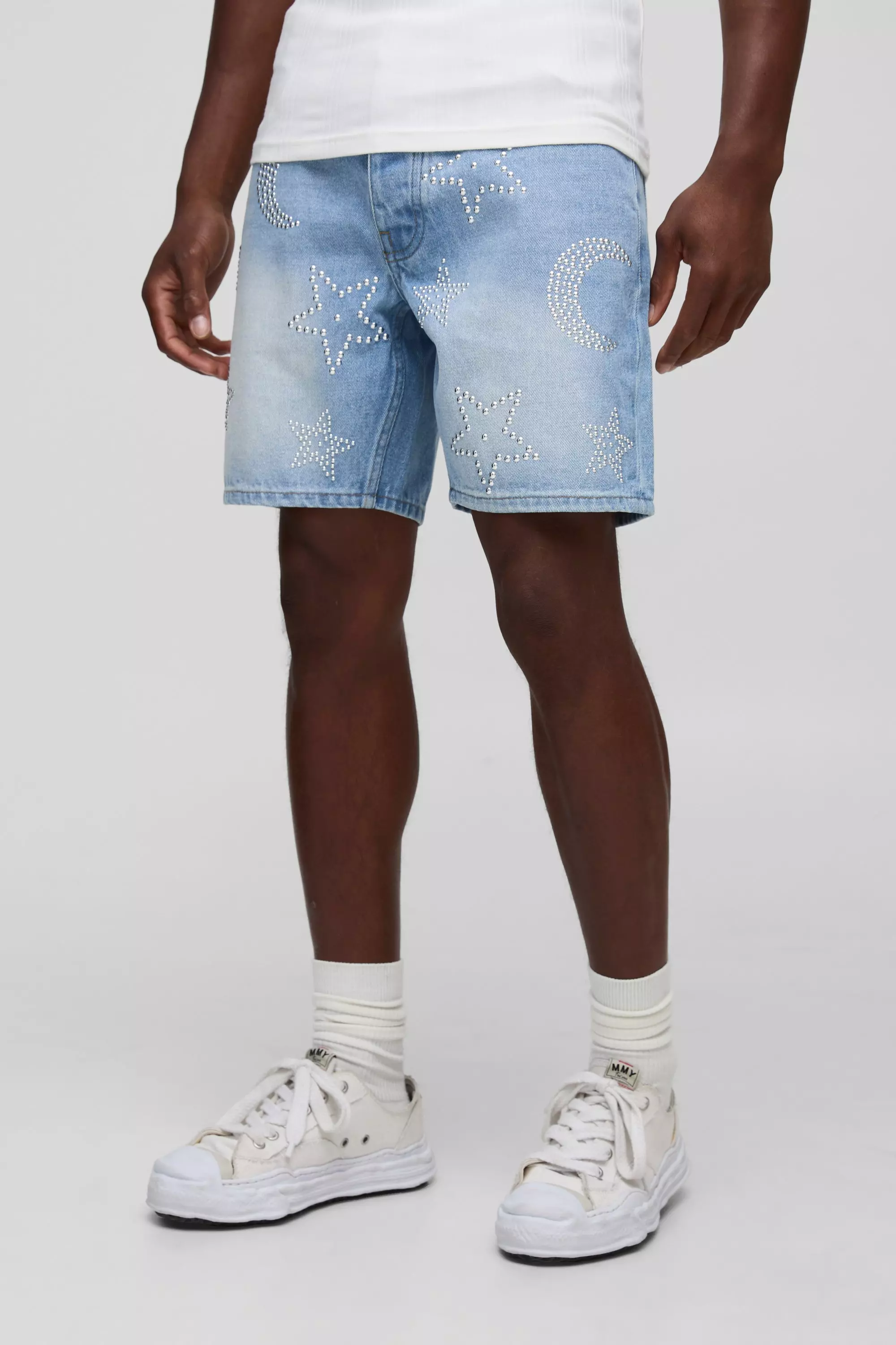 Slim Fit Blue Washed Star Studded Denim Shorts | boohooMAN USA