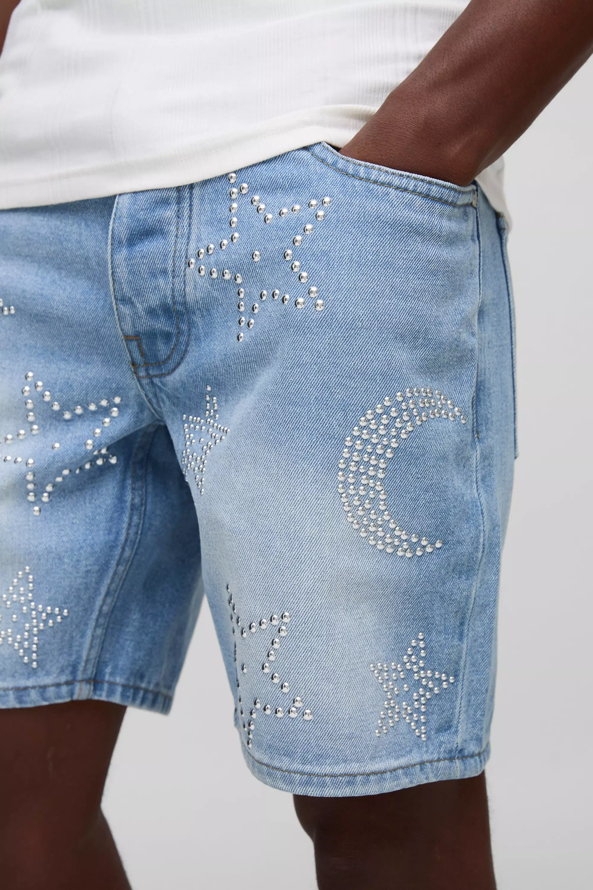 Slim Fit Blue Washed Star Studded Denim Shorts | boohooMAN USA