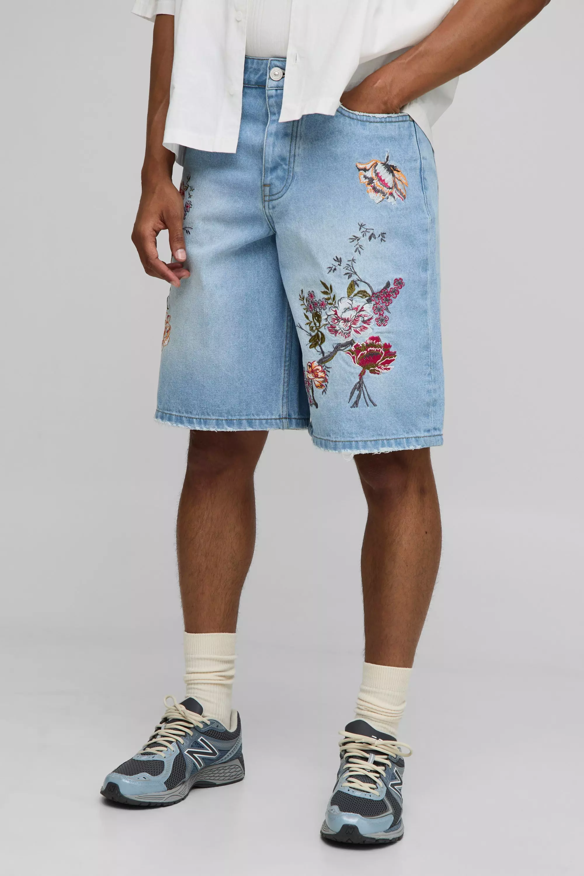 Baggy Fit Floral Embroidered Washed Denim Shorts | boohooMAN USA