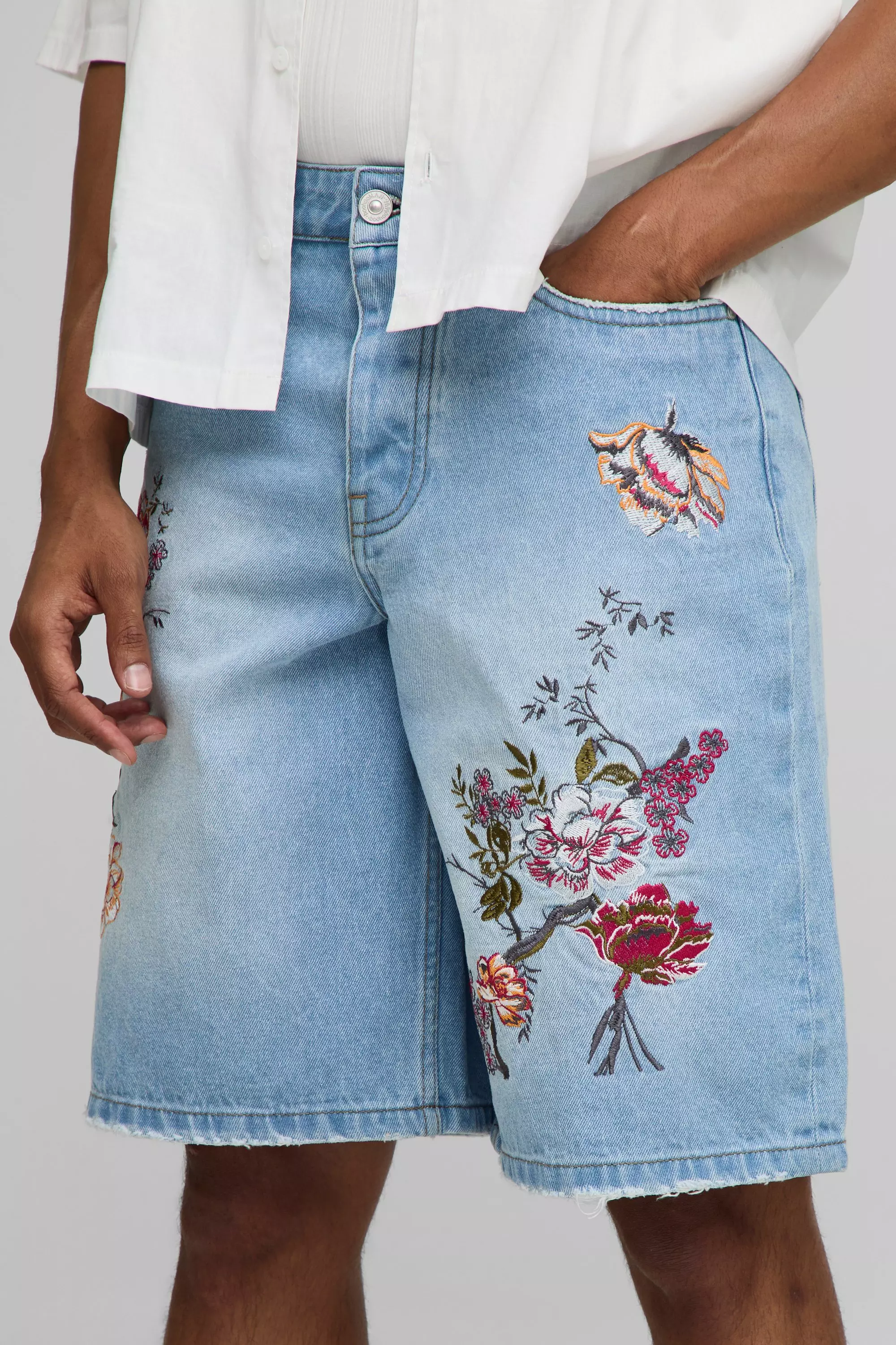 Baggy Fit Floral Embroidered Washed Denim Shorts | boohooMAN USA